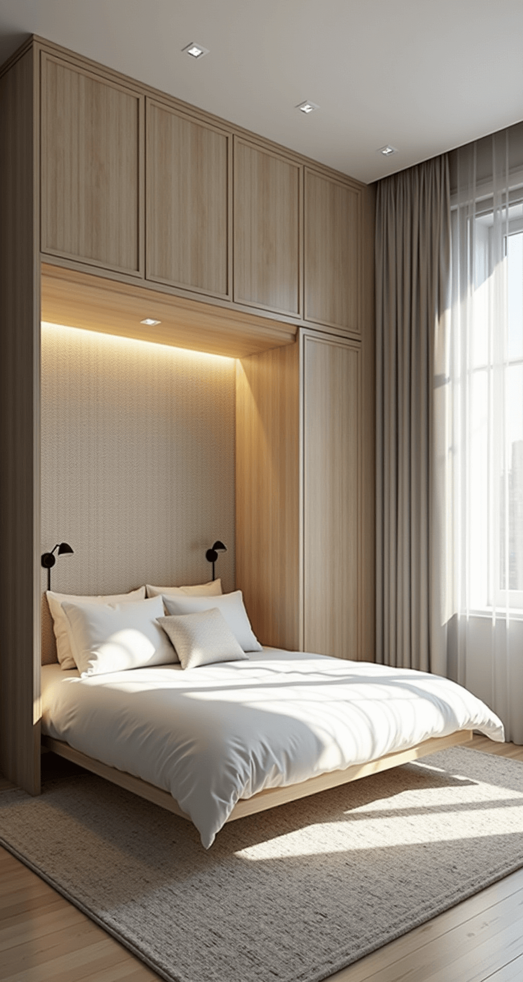 A minimalist 10x11ft bedroom at midday with multifunctional modular furniture in bleached oak, featuring a Murphy bed wall system that reveals a desk space, textured grasscloth wallpaper, and a Scandinavian-inspired color palette with warm whites, pale woods, and black hardware accents, captured from a high-mounted camera angle.