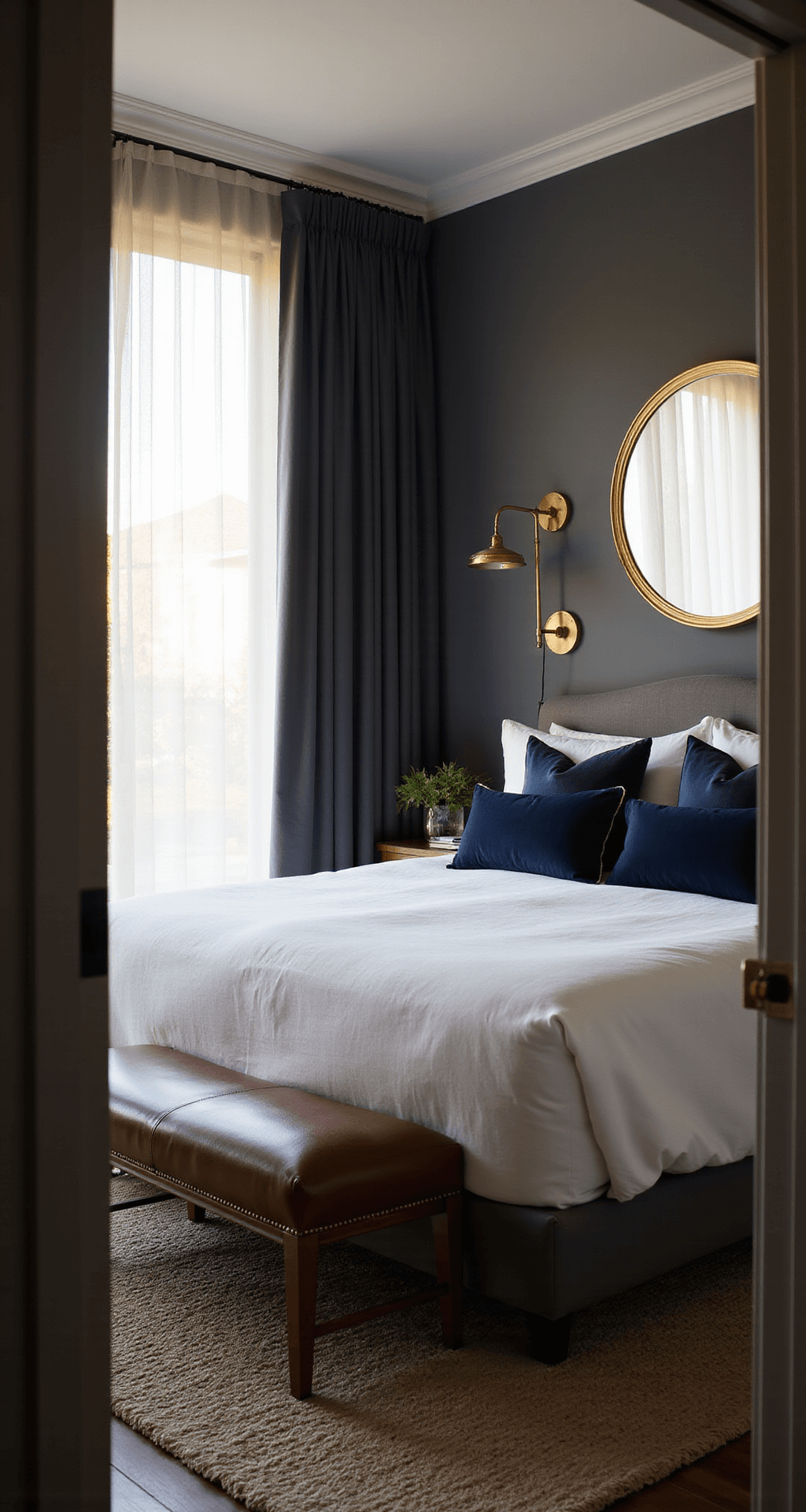A luxurious master bedroom featuring a king-sized bed with white linens and a velvet headboard, illuminated by late afternoon light through sheer charcoal curtains. The walls are painted in Dark Pewter, enhanced by warm brass sconces and an oversized circular mirror reflecting golden hour light. Textures include a chunky wool rug, leather bench, and deep navy silk throw pillows, captured from the entryway at a 45-degree angle.