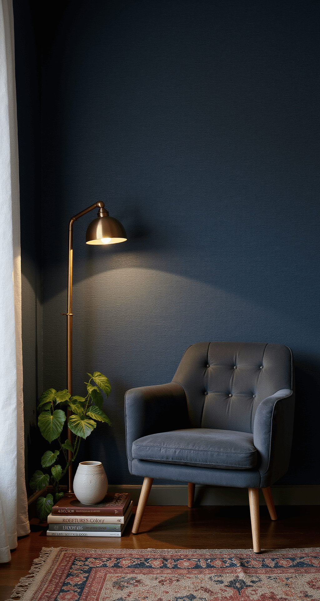 A cozy bedroom corner featuring midnight blue grasscloth wallpaper, a modern brass floor lamp, a charcoal velvet armchair, and a hand-knotted Moroccan rug, illuminated in a moody dusk atmosphere with trailing pothos and art books, captured from a low angle to emphasize wall height.