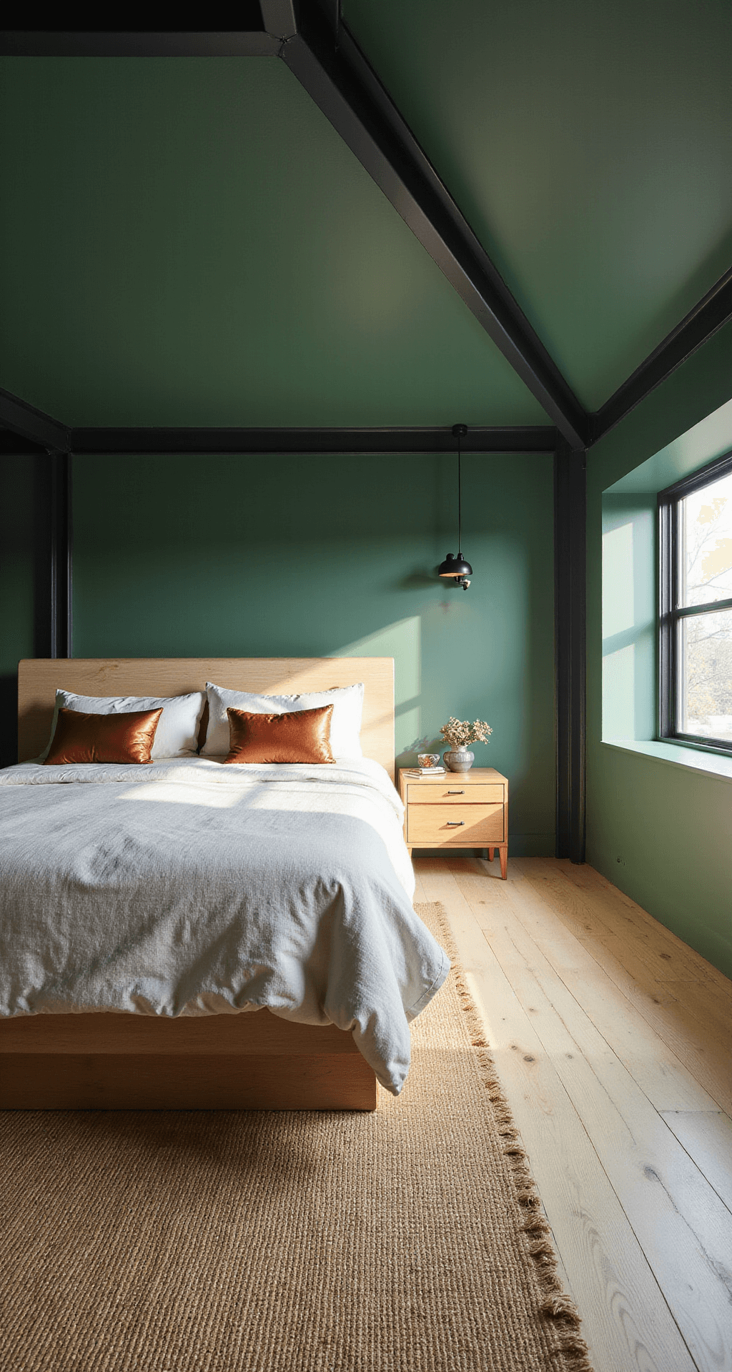 A sunlit primary bedroom with a forest green ceiling transitioning to upper walls, featuring a bleached oak California king platform bed dressed in limestone linen and copper pillows, layered with a handwoven jute rug on white oak flooring, illuminated by morning light through steel-framed windows casting geometric shadows.