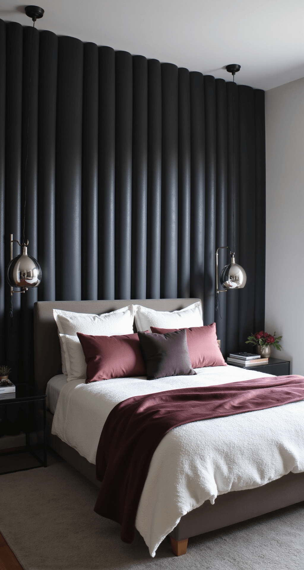 Modern bedroom featuring a textured black feature wall with vertical channel tufting, a queen bed dressed in winter white bouclé bedding and burgundy silk accent throws, asymmetrical polished chrome pendant lights, and minimalist smoky glass nightstands, all captured from an elevated angle to highlight the textures and details.
