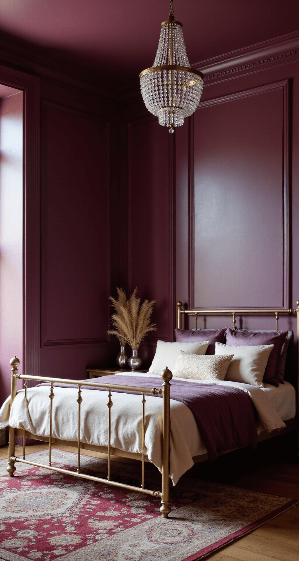 Cozy bedroom alcove with deep aubergine lacquer walls, vintage brass bed adorned in mauve silk and cream cashmere, and a crystal chandelier casting light reflections. An antique Persian rug in jewel tones and mercury glass accents with dried pampas grass complete the vignette, all captured from a corner angle to highlight the luxurious finishes and dramatic lighting.