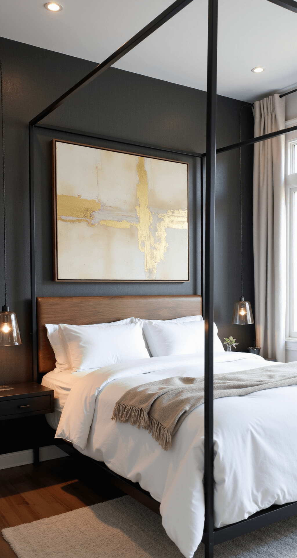 Contemporary bedroom featuring a charcoal grasscloth accent wall, floating walnut headboard, black metal canopy, crisp white bedding, oversized abstract art in cream and gold, layered lighting with recessed spots and smoky glass pendants, captured from the entrance with natural and warm artificial light.