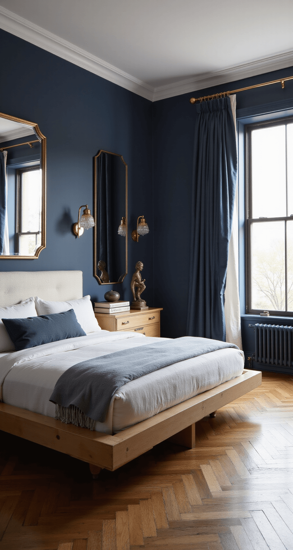 A sophisticated bedroom featuring deep navy suede-finish walls, a bleached maple platform bed with an ivory bouclé headboard, brass-framed mirrors, and silk drapery, shot from an elevated angle.