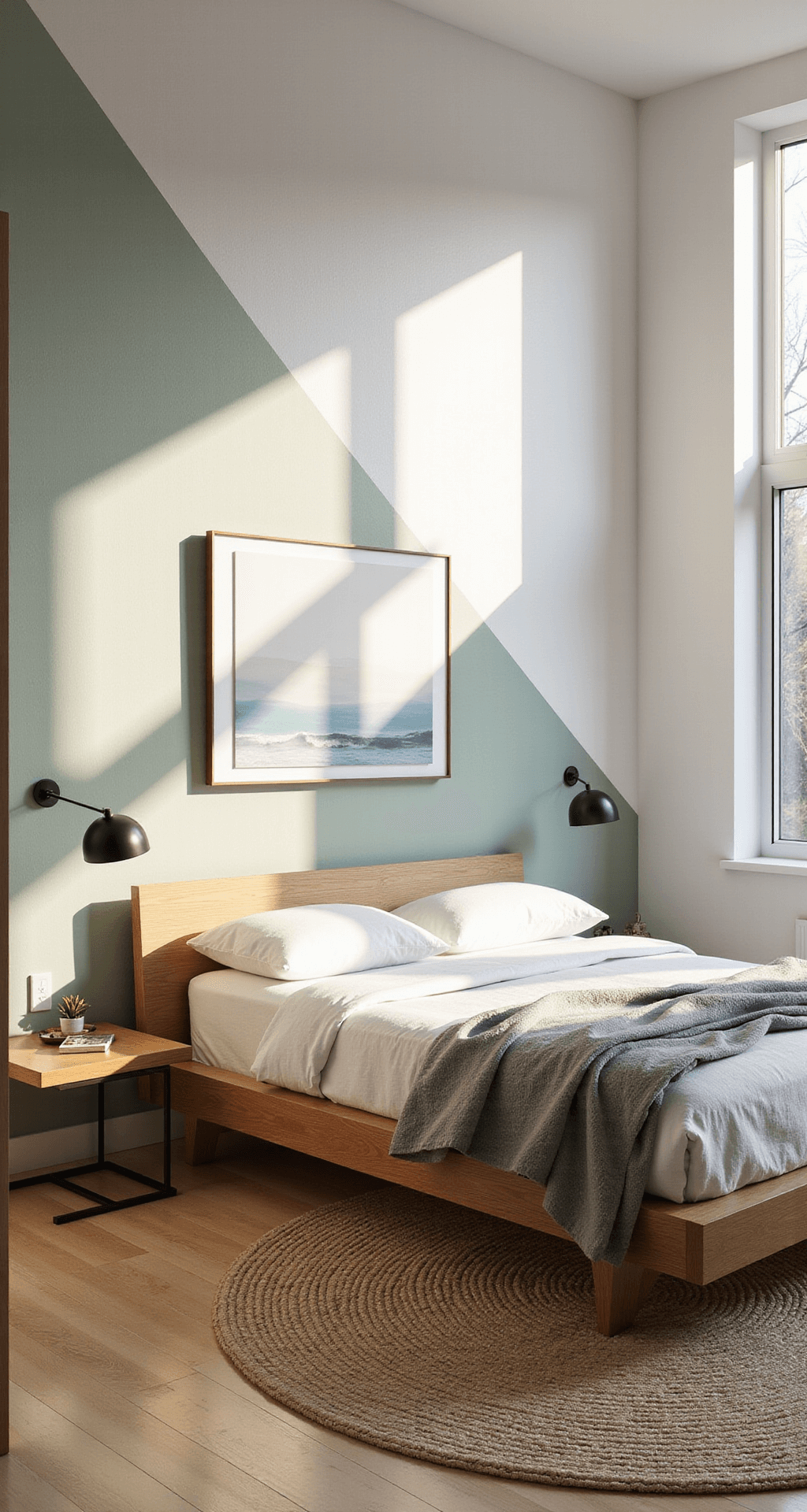 A serene minimalist primary bedroom featuring a low-profile oak platform bed with white linens and grey throws, flanked by slim walnut nightstands, bathed in morning light from floor-to-ceiling windows, with a muted sage green accent wall and a natural jute rug over light oak floors, highlighted by an oversized abstract art in coastal blues.