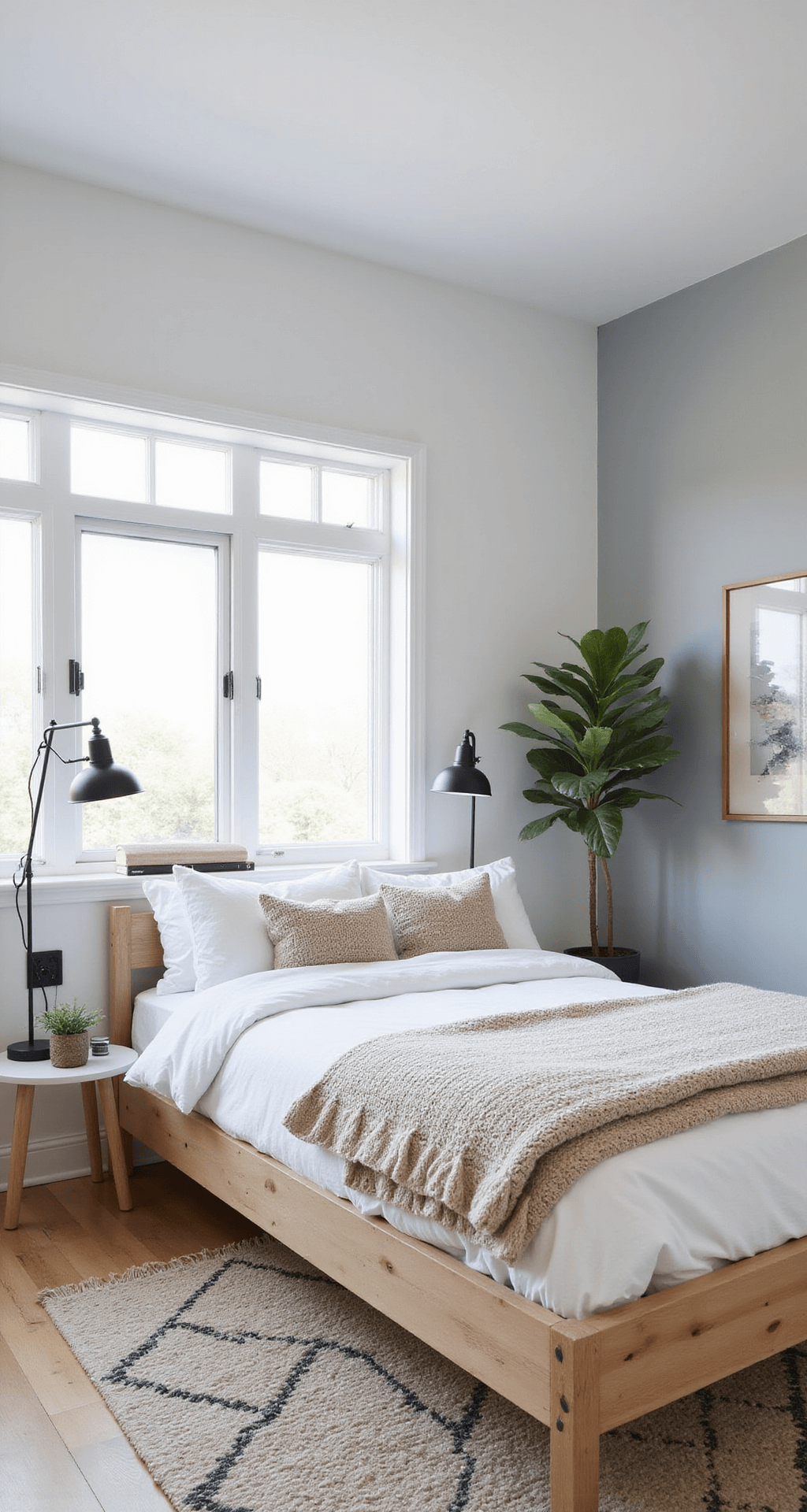 A bright corner bedroom featuring dual exposure windows, a bleached pine platform bed against a pale grey wall, white linen bedding with oatmeal chunky knit throws, minimal black metal pendant lights, a geometric handwoven wool rug, and a potted fiddle leaf fig, captured with a wide-angle lens in natural daylight.