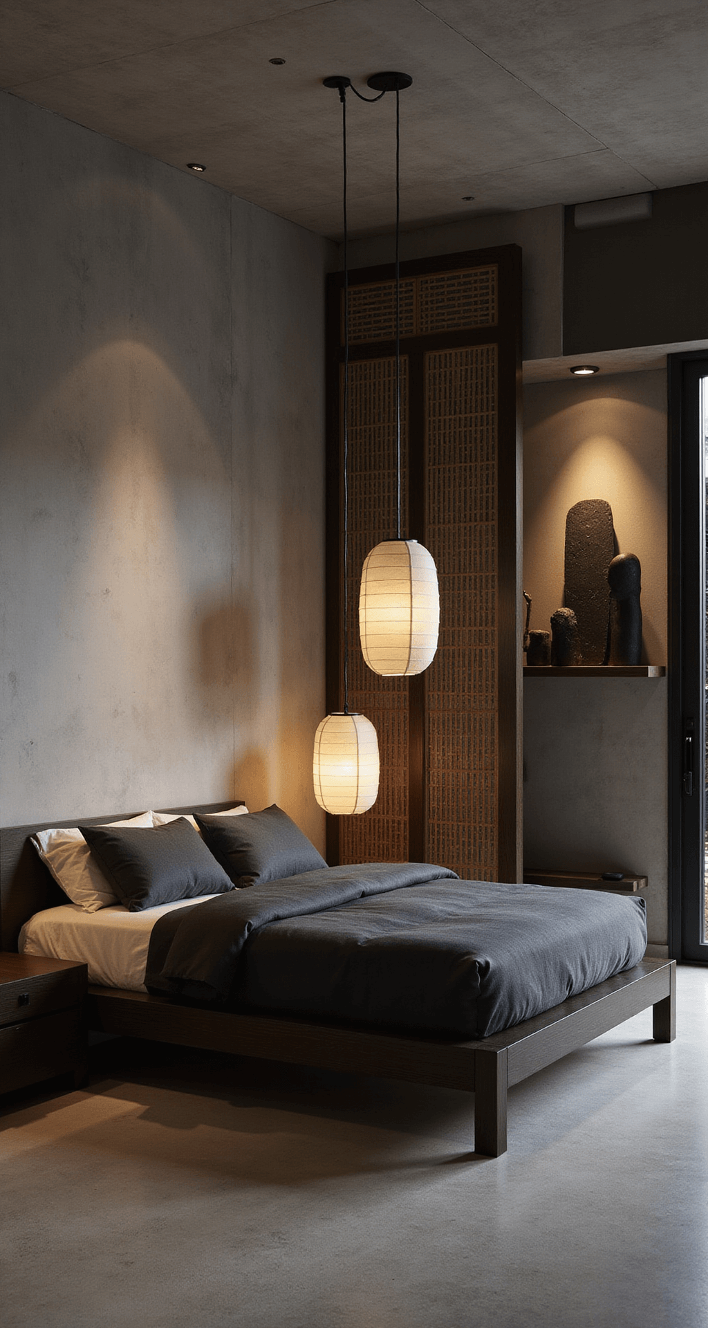 A serene primary suite featuring an architectural concrete accent wall, low-profile ebonized oak platform bed with charcoal linen bedding, illuminated by soft paper lantern pendants and moody evening lighting, highlighting a bamboo screen divider and black stone sculptures on floating shelves.