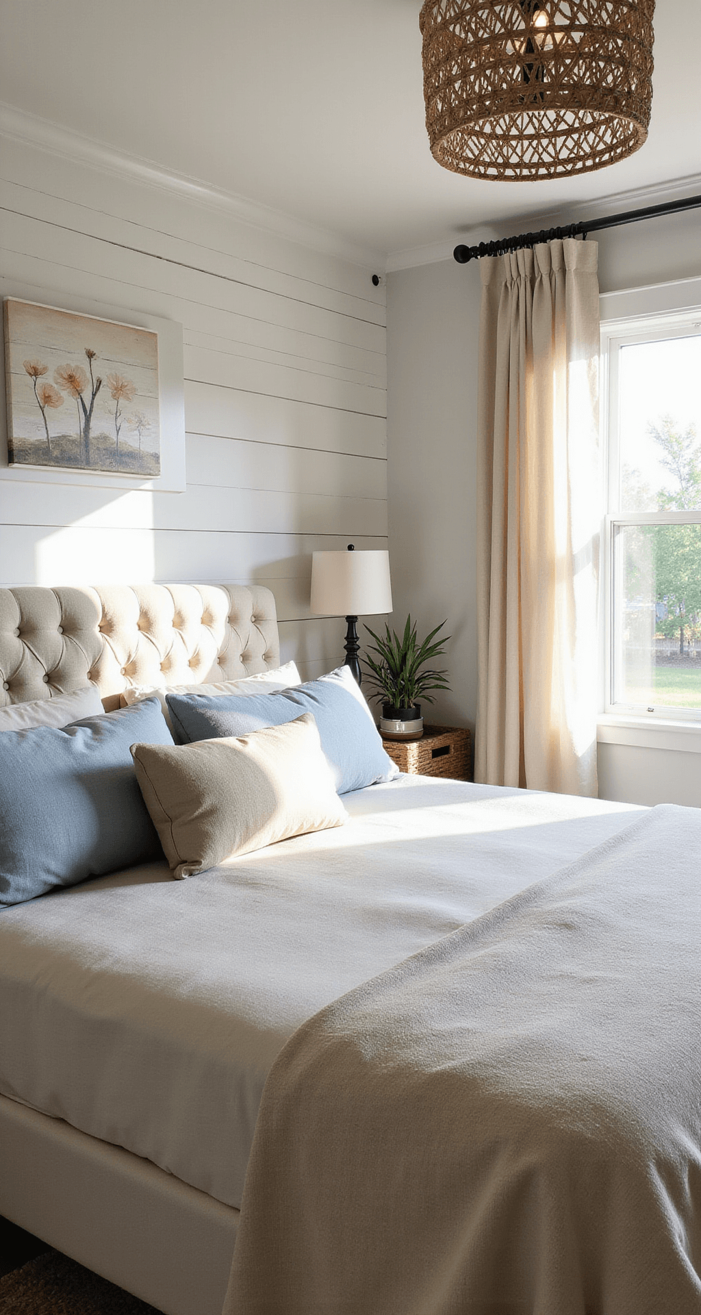 A serene coastal-inspired bedroom with a chalk white shiplap accent wall, featuring a natural linen channel-tufted headboard and layered bedding in sandy beige and soft blue tones. A rattan pendant light casts geometric shadows, while coastal artwork and seagrass baskets add to the tranquil decor. Morning light streams through gauzy curtains, capturing the room's textural elements in a soft focus.