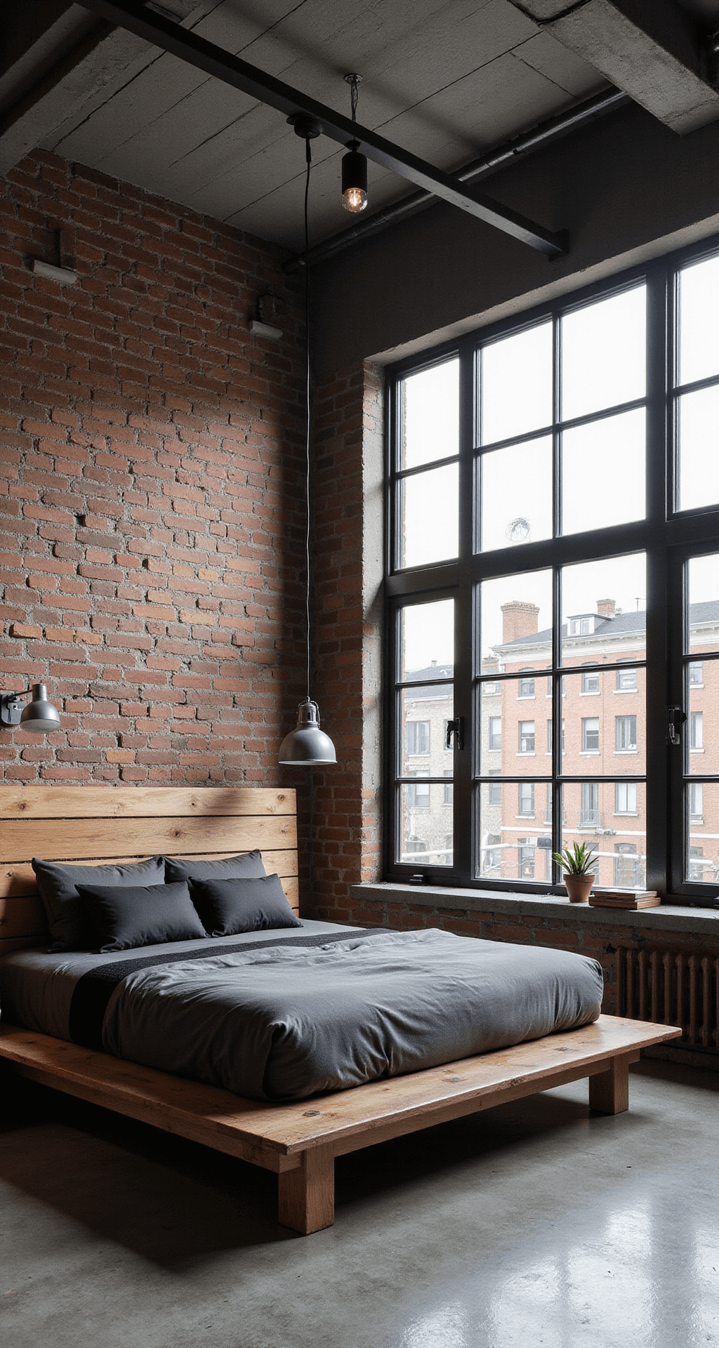 A stylish urban loft bedroom featuring an exposed brick wall, industrial steel-framed windows, and a reclaimed wood platform bed with monochromatic grey bedding and black accents, illuminated by vintage industrial pendant lights. Abstract black and white photography adorns the walls, with dramatic afternoon lighting highlighting the room's architectural features.