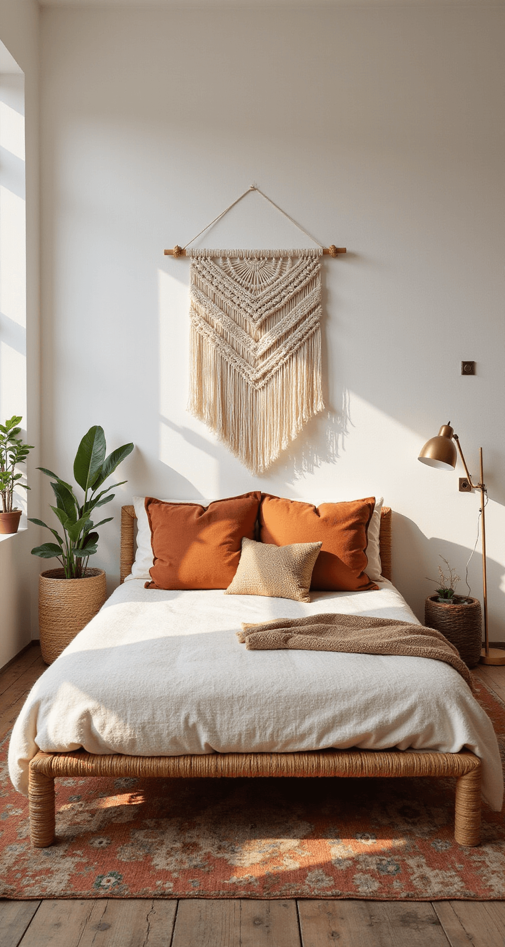 A cozy, bohemian-inspired bedroom featuring warm white walls, a low rattan bed with organic cotton bedding in cream and rust tones, a macramé wall hanging, a vintage Moroccan rug, and a brass floor lamp, all illuminated by soft golden hour light.