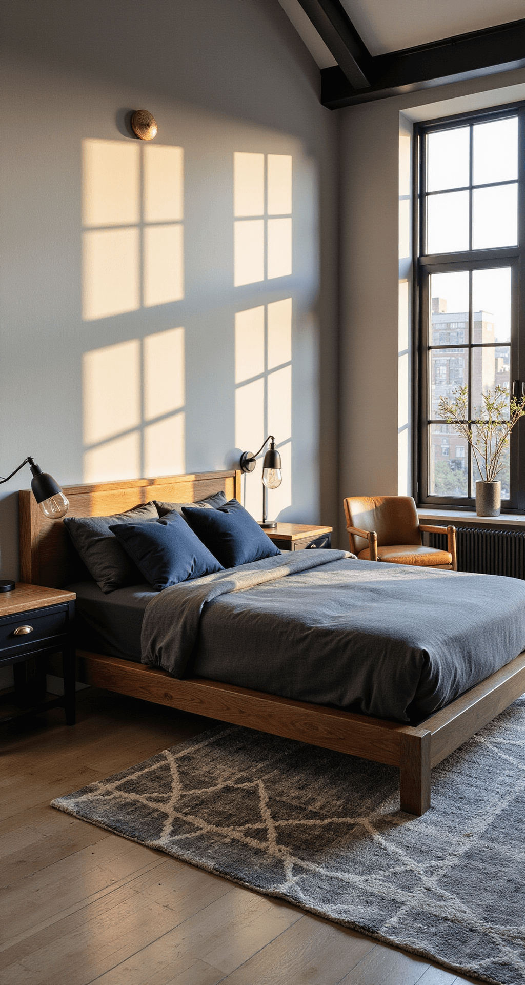 A spacious 14x16ft bedroom featuring a dark walnut minimalist platform bed with charcoal linen bedding and navy pillows, illuminated by golden hour light through floor-to-ceiling windows, with industrial black metal nightstands and exposed Edison bulb lamps, a geometric wool rug, a leather accent chair, and brushed brass wall sconces, captured from a corner angle with dramatic shadows.
