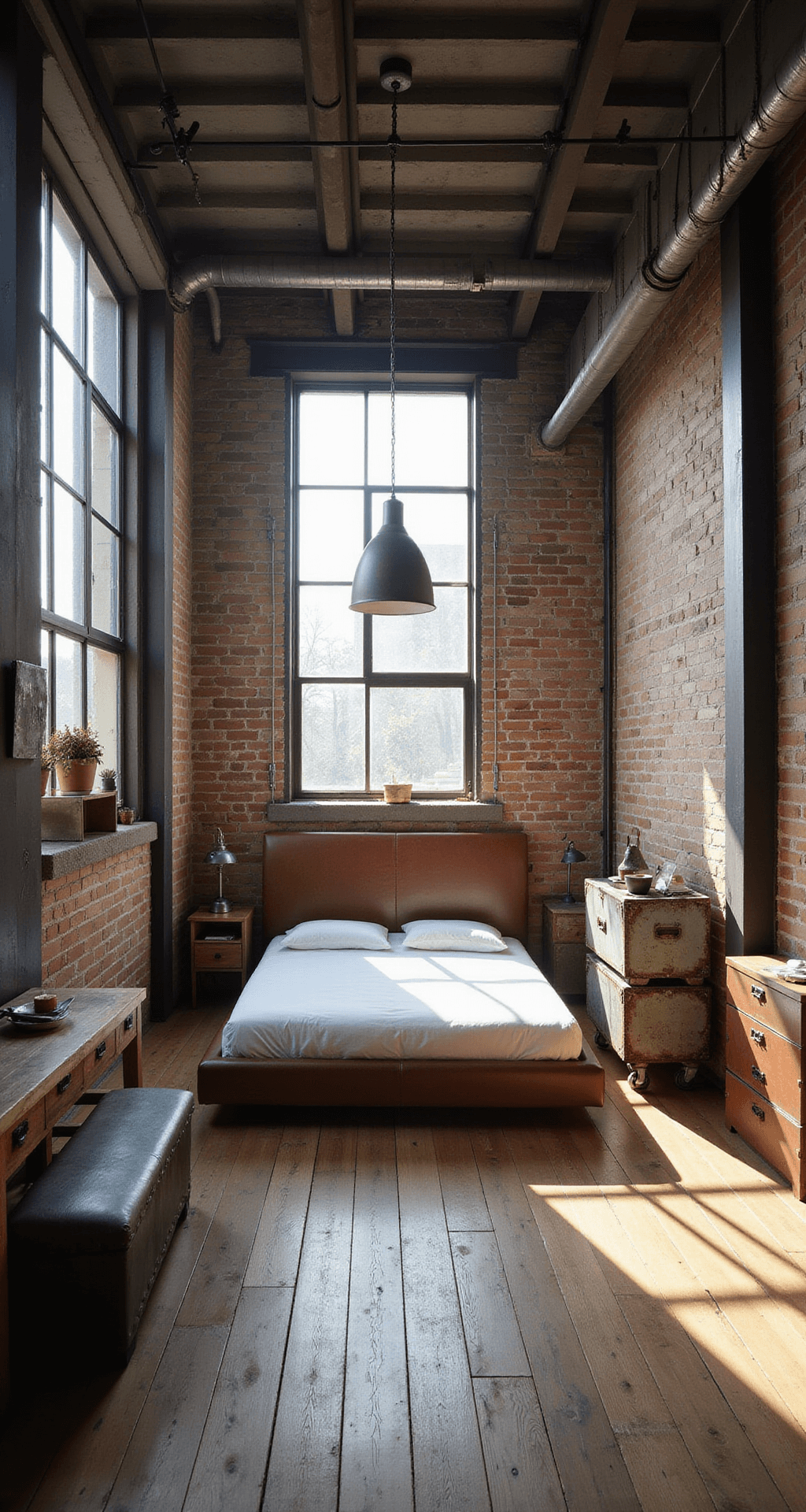 Industrial loft bedroom featuring a queen bed with a leather headboard, exposed steel beams, and large factory windows allowing morning light to cast geometric shadows. Distressed metal storage units and reclaimed wood furniture complete the space, shot from an elevated angle to highlight architectural details.