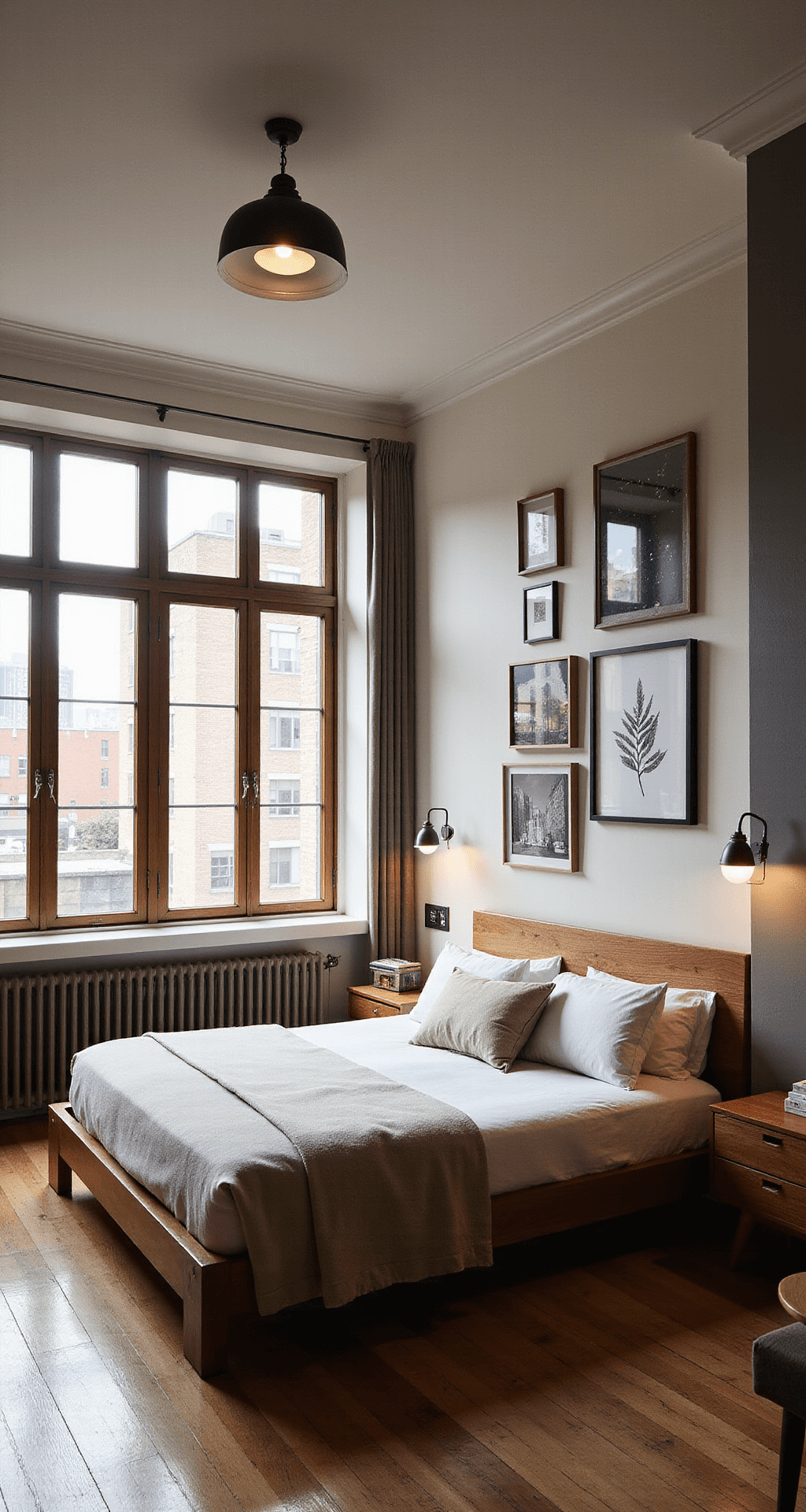 A compact 10x12ft urban bedroom featuring a mid-century modern teak bed frame with built-in nightstands, adorned with a gallery wall of black and white photography. The room showcases hidden storage solutions, dramatic window light patterns, and a warm color temperature ambiance, presented from a straight-on architectural perspective.