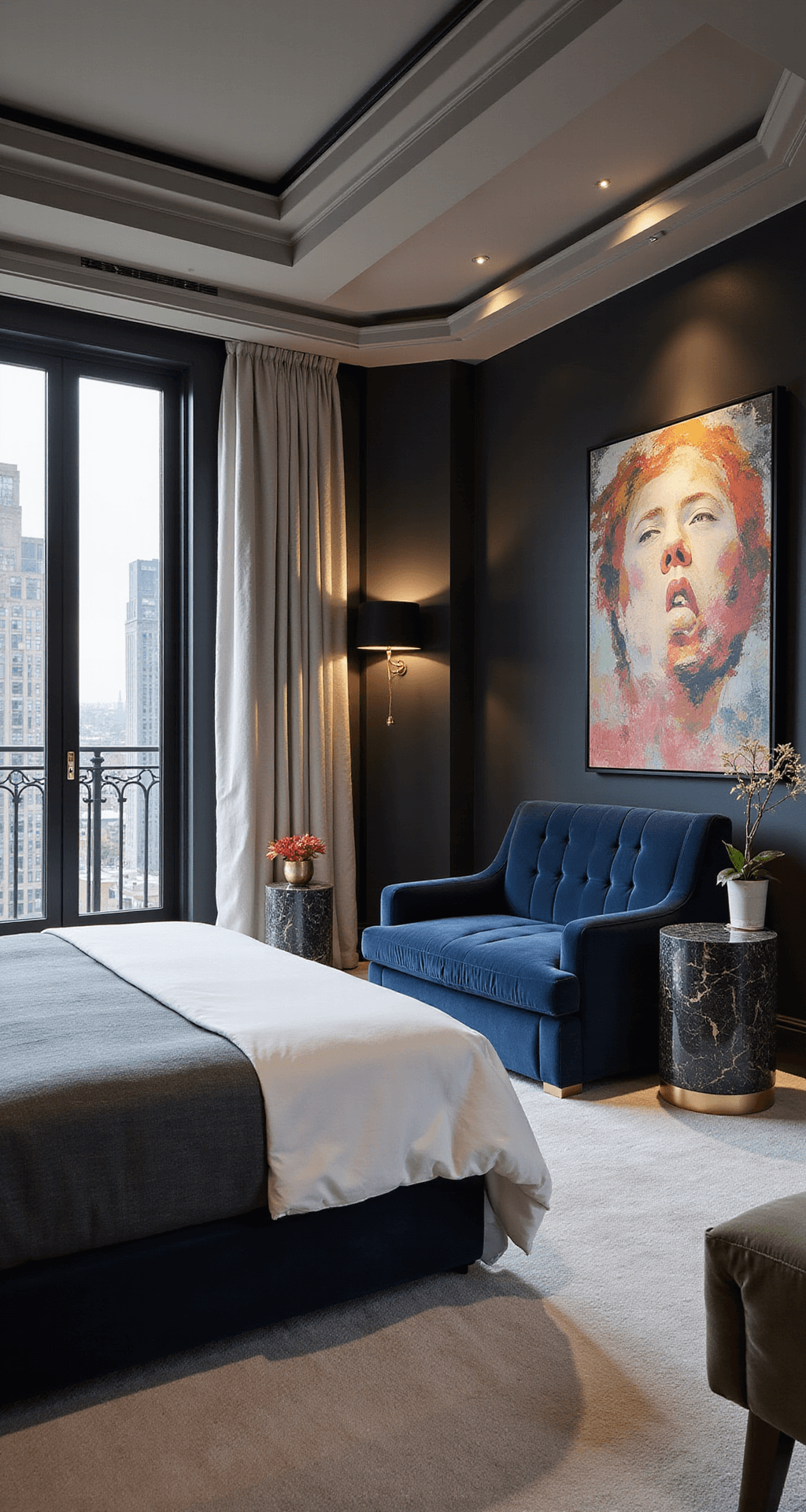 A luxurious bachelor pad suite features a California king bed with a deep navy velvet channel-tufted headboard, accented by brass and marble furniture. The room is adorned with oversized abstract art and a layered lighting scheme, showcasing black steel-framed windows with city views. The image is shot from a corner angle to emphasize depth and detail.