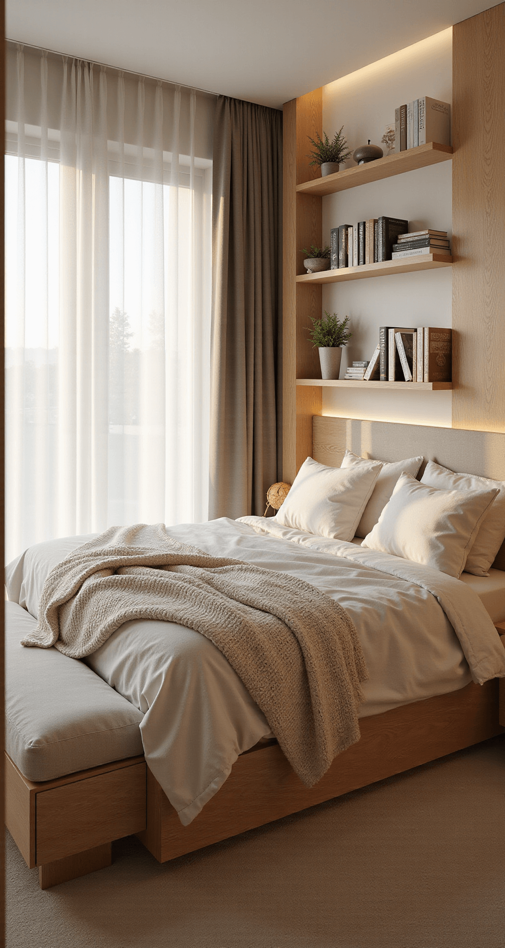 A cozy minimalist bedroom featuring a low-profile platform bed with ivory linen and chunky knit throws, wall-mounted light oak floating shelves, and a sleek daybed under a window, all illuminated by golden hour light and warm LED strips.