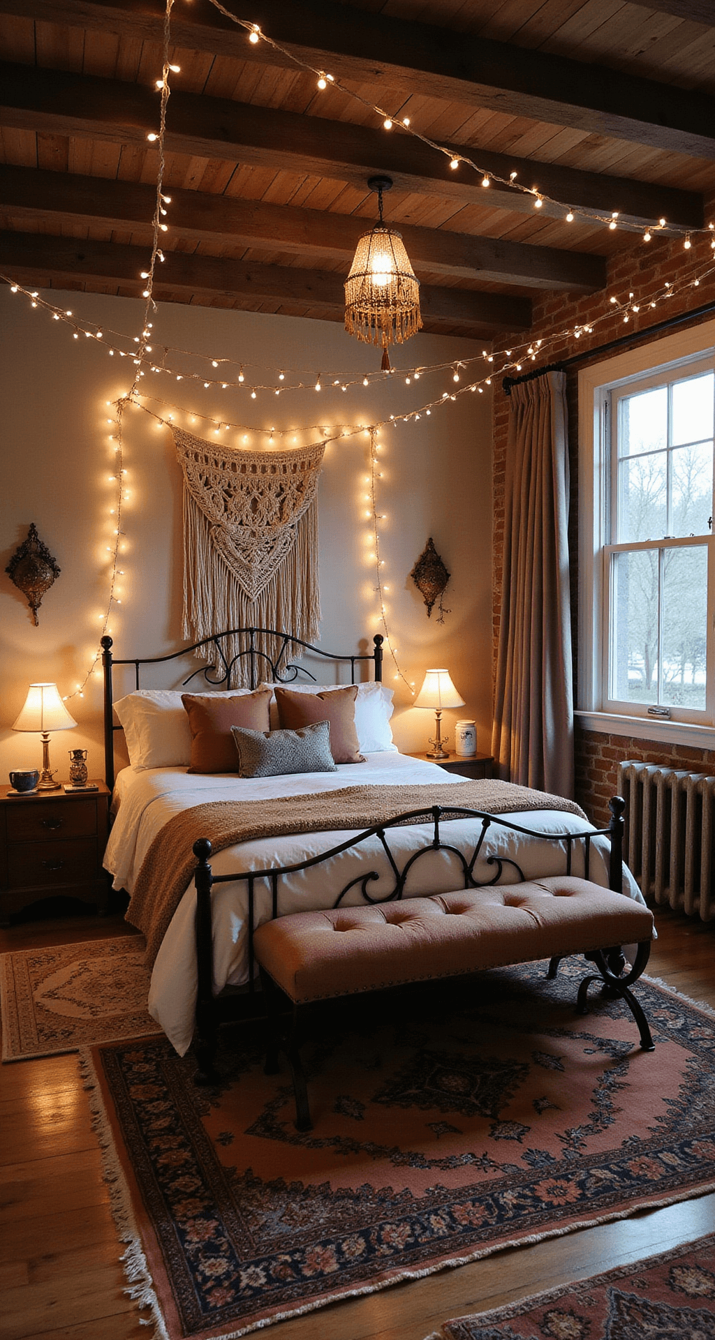 An intimate modern boho bedroom featuring a wrought iron bed with vintage-washed linens beneath a macramé wall hanging, illuminated by string lights in exposed wooden beams, with Persian and jute rugs on hardwood floors, and ambient lighting from paper lanterns and brass sconces during blue hour.