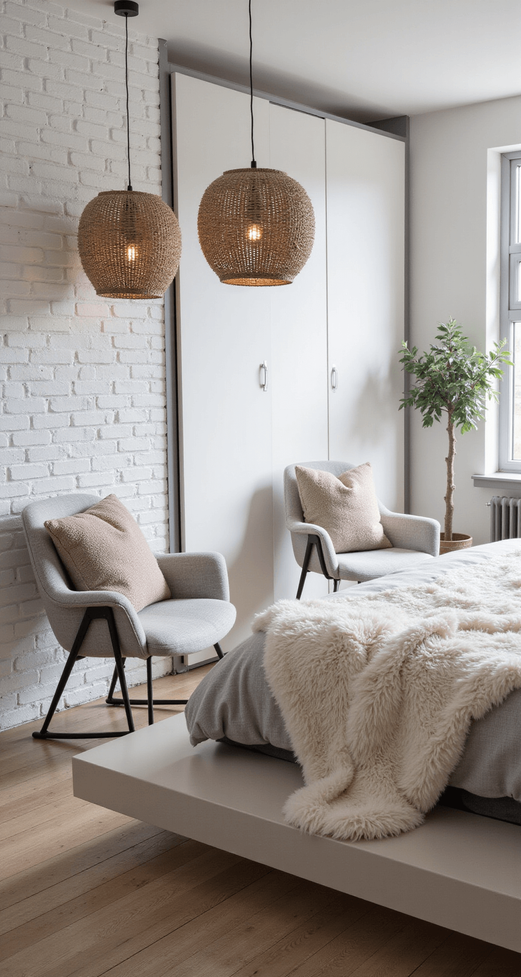 A cozy Scandinavian-inspired bedroom featuring a floating platform bed and white-painted brick walls, adorned with sheepskin throws, oversized woven pendants, and a floor-to-ceiling IKEA PAX wardrobe, captured in warm morning light.