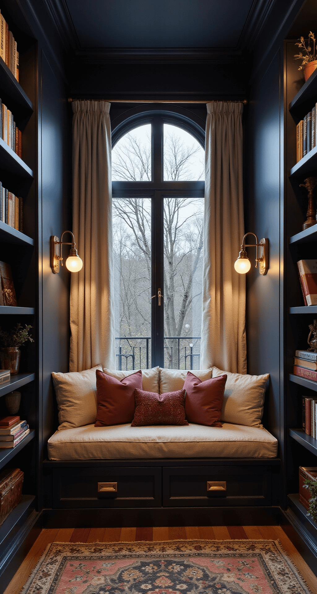 A cozy 7x9ft reading nook bedroom at dusk featuring a custom built-in daybed with storage in a window alcove, surrounded by tall bookshelves. The space is illuminated by vintage brass wall sconces, casting warm light on pillows and linen curtains, with deep navy walls accented in brass, cream, and burgundy.