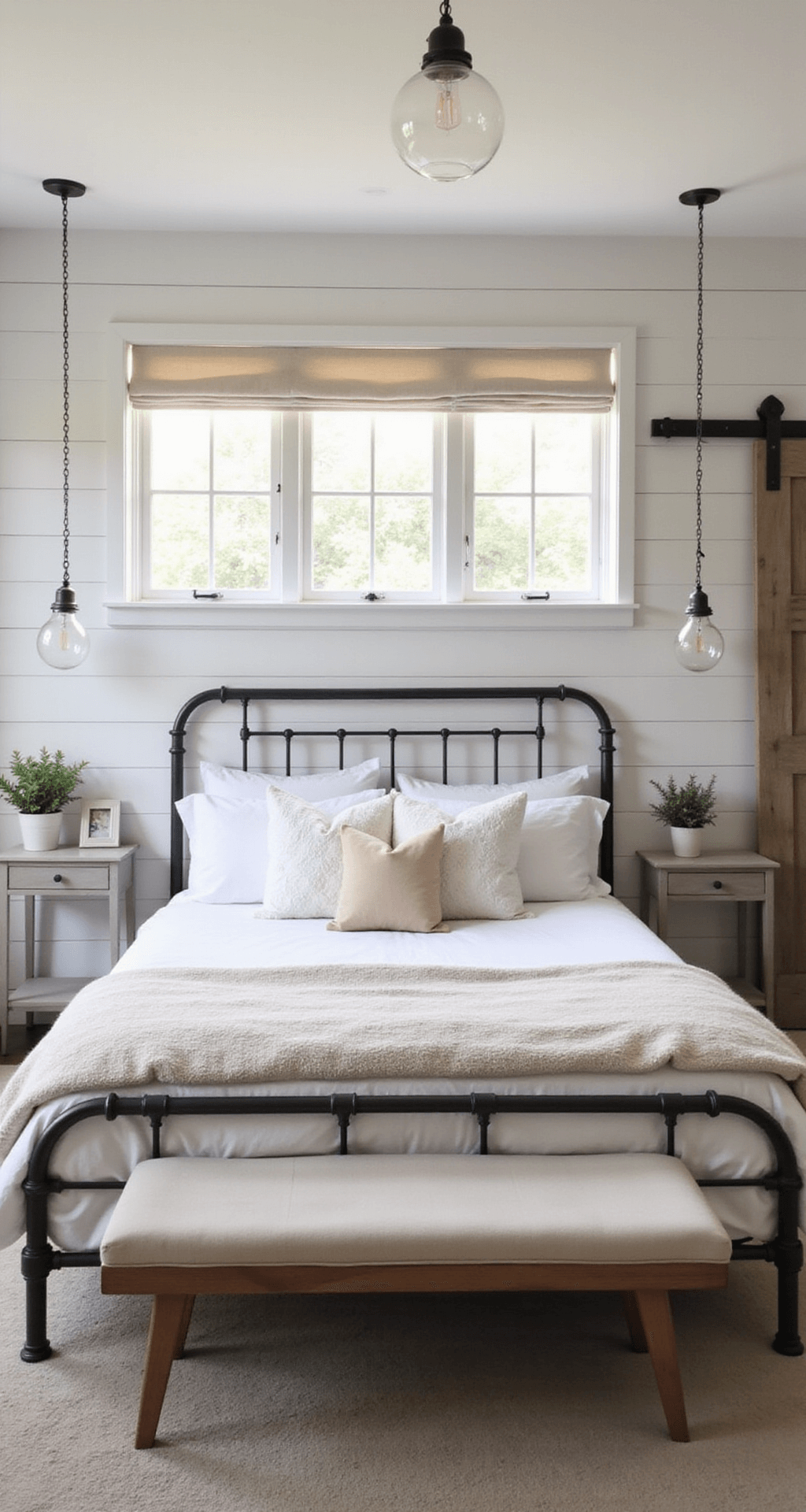 A modern farmhouse bedroom featuring a shiplap accent wall and an iron-frame bed with white bedding and vintage quilts, complemented by floating nightstands and a sliding barn door. The room is bathed in soft morning light with Roman shades and glass globe pendants, showcasing a harmonious palette of warm whites, weathered grays, and natural wood elements.
