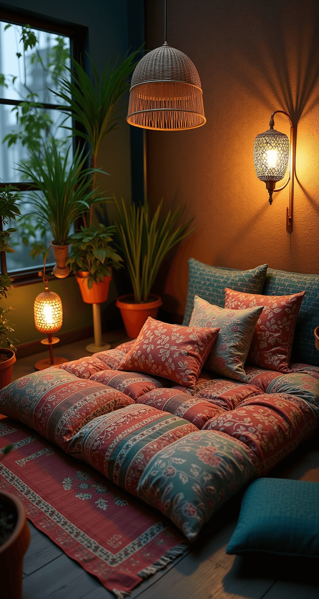 A cozy 8x8ft bohemian sanctuary at twilight, featuring a floor bed with layered Indian block print textiles, oversized floor cushions, and a rattan pendant casting intricate shadows on textured wallpaper, surrounded by potted plants. The scene is diagonally shot, with dramatic mood lighting from paper lanterns and copper floor lamps in rich jewel tones of emerald, sapphire, and amber.