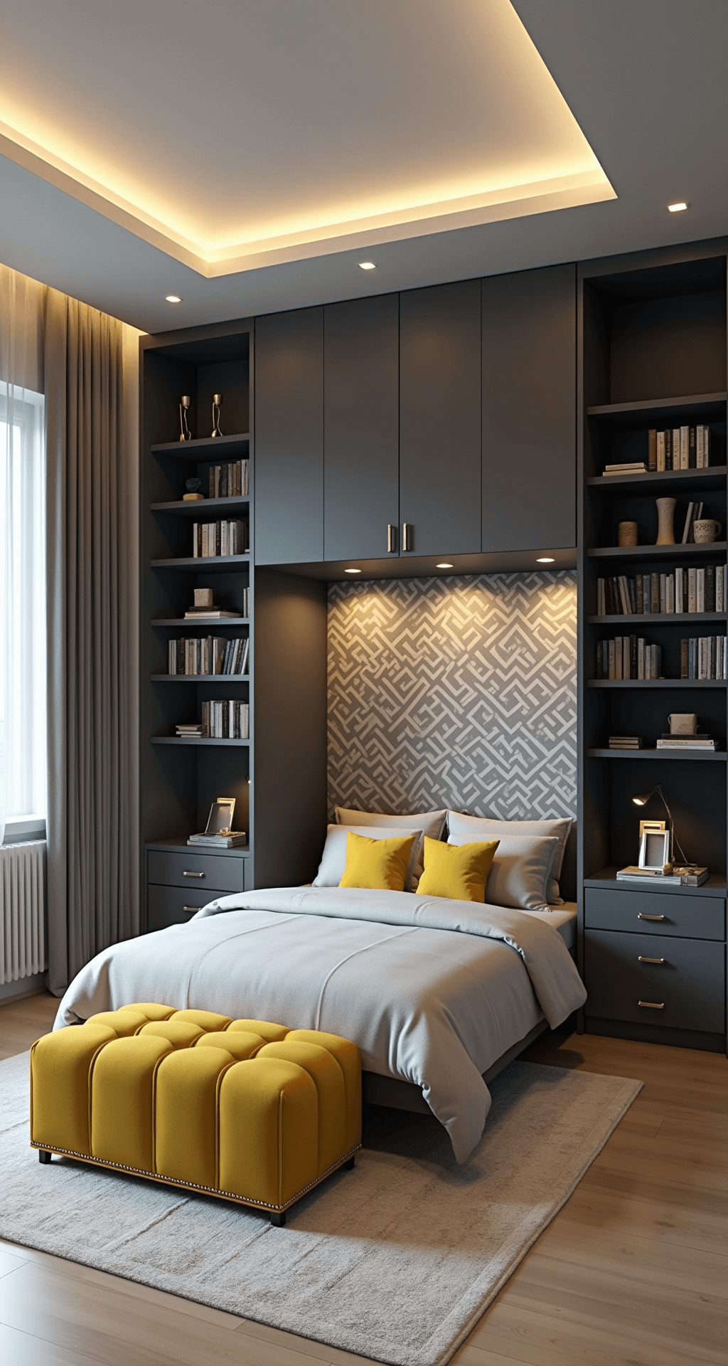 Contemporary 10x10ft bedroom featuring a Murphy bed system with an integrated desk, built-in storage cubes, geometric wallpaper, and a multi-functional ottoman, all in a monochromatic gray palette with mustard yellow accents, illuminated by recessed and adjustable LED lighting.