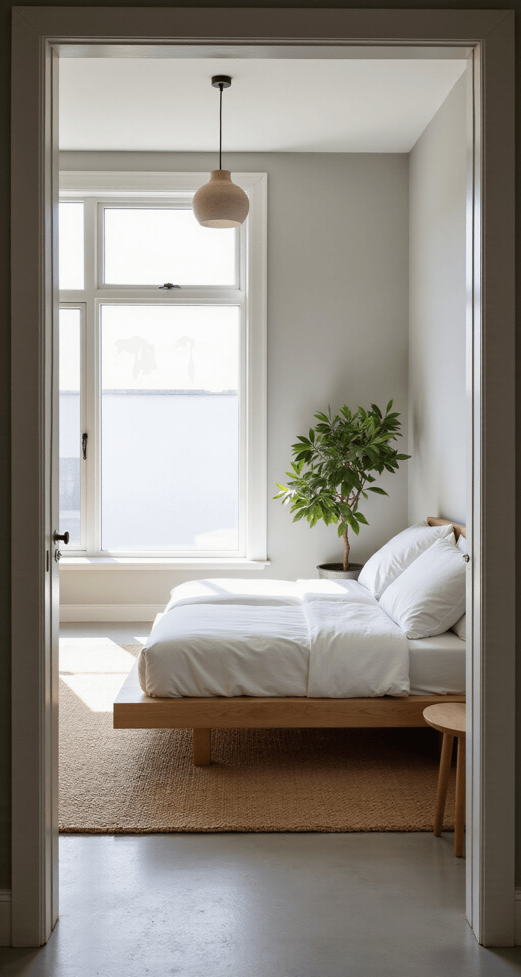 A minimalist zen bedroom featuring a low-profile bleached oak platform bed, dressed in white linen, bathed in morning light from floor-to-ceiling windows, with pale grey walls and a handwoven jute rug, complemented by a ceramic pendant light and a fiddle leaf fig in the corner, all captured at a 45-degree angle for a tranquil atmosphere.