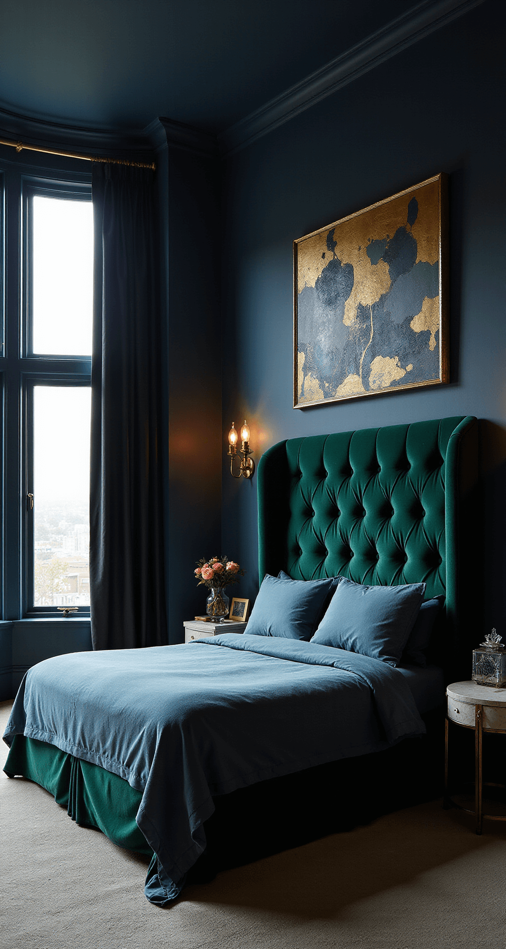 A luxurious master bedroom at dusk, featuring deep navy walls, a tall emerald green velvet headboard, warm brass sconces, black silk drapes, and oversized gold and navy abstract art, captured with a low-angle wide shot to highlight the ceiling height and rich color saturation.