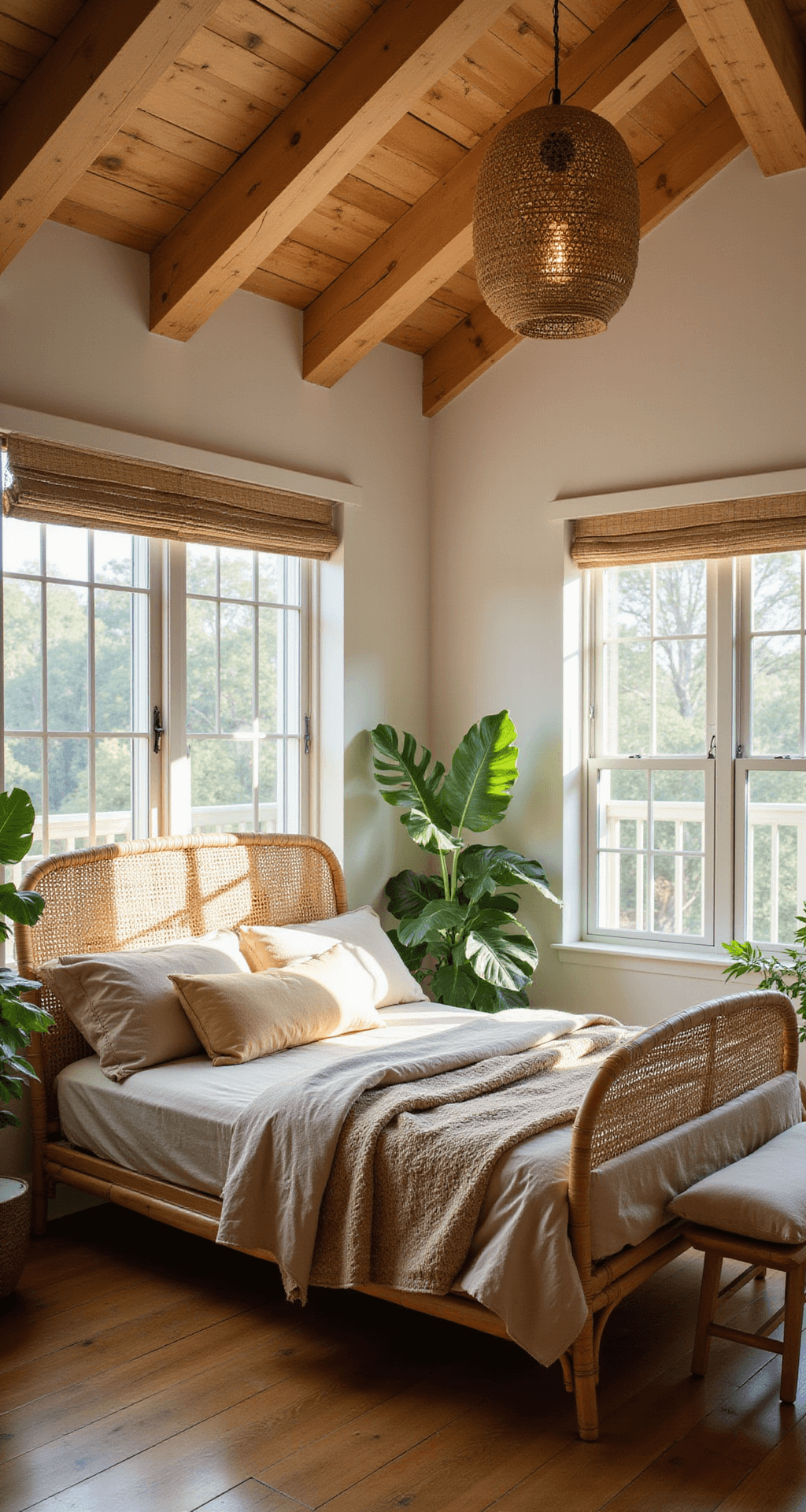 A sunlit organic modern bedroom featuring a rattan bed frame with earth-toned bedding, exposed light wood beams, and a handwoven pendant light. Lush monstera and pothos plants adorn the space while natural fiber roman shades filter warm afternoon light. Sustainable bamboo flooring completes the serene ambiance, captured from a standing height towards the windows.