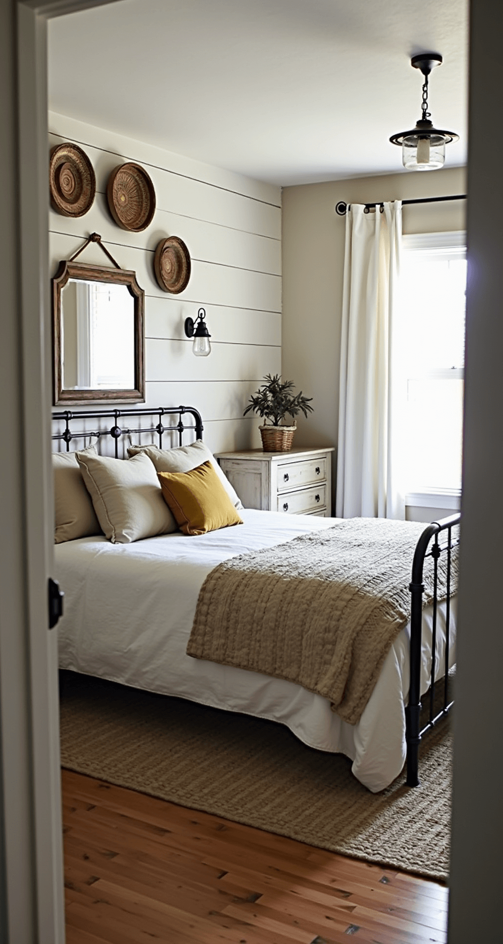 Cozy farmhouse bedroom with shiplap accent wall, iron bed frame, layered vintage quilts, distressed wood dresser with antique mirror, mason jar sconces, and woven basket collection, illuminated by soft morning light through white sheers.