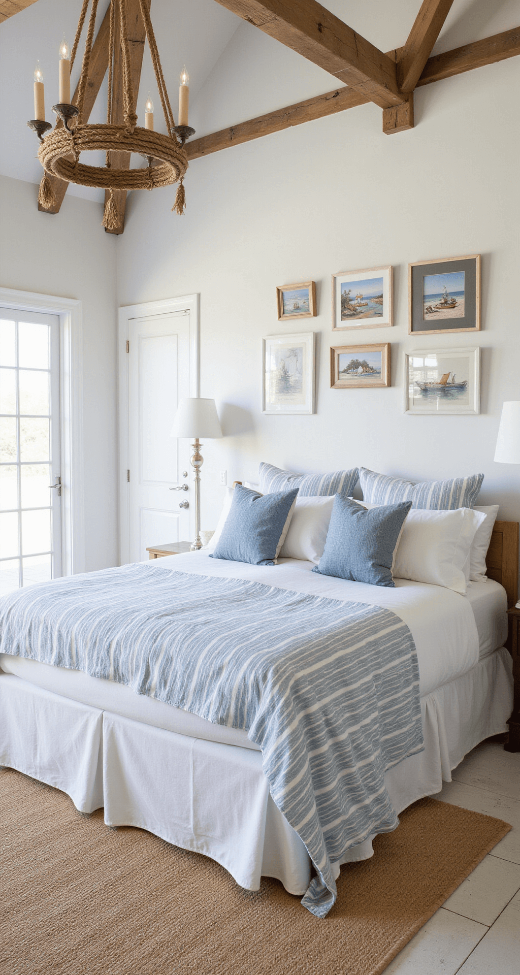A bright coastal bedroom featuring a white-slipcovered queen bed with striped sea blue linens, a rope-wrapped chandelier, a seagrass rug over whitewashed floors, and weathered wood beams, all illuminated by natural light and adorned with a gallery wall of vintage seaside prints.