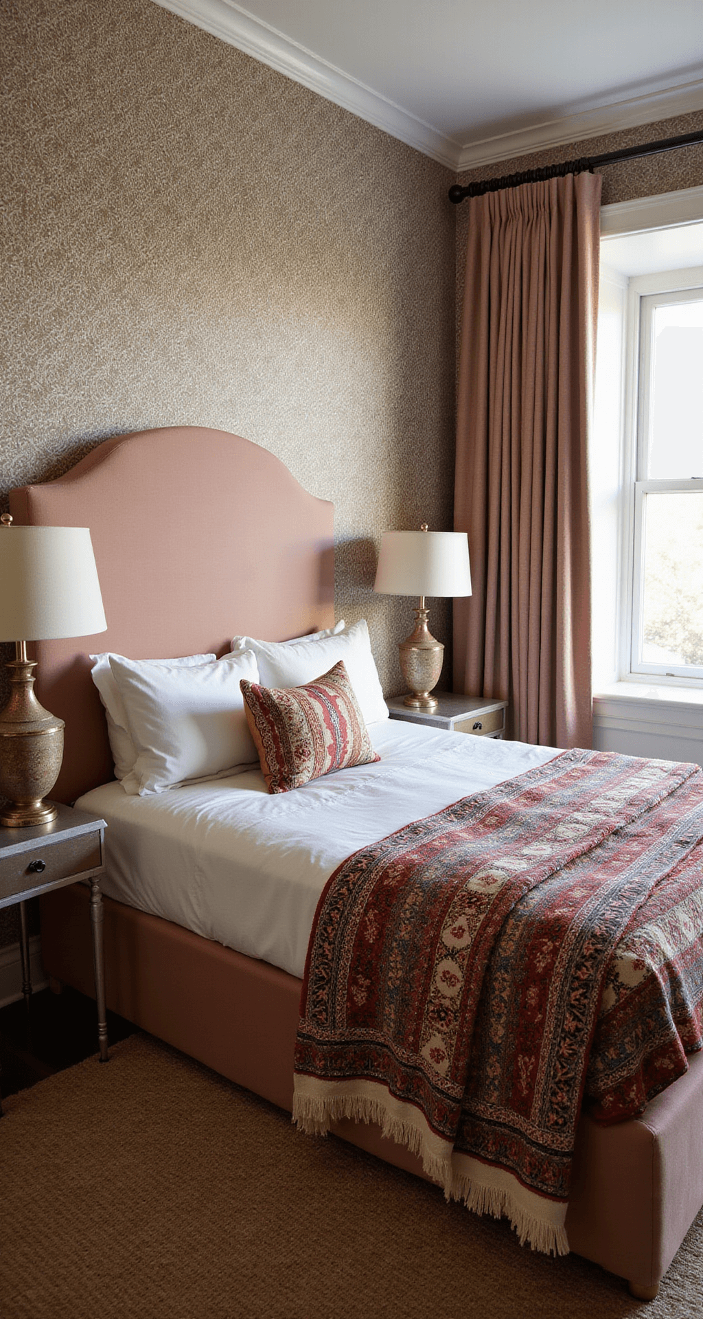 Eclectic contemporary bedroom featuring a geometric wallpaper statement wall, a blush velvet curved headboard, mixed metal side tables, oversized ceramic lamps, and a Moroccan wedding blanket on the bed, all illuminated by warm golden hour light.