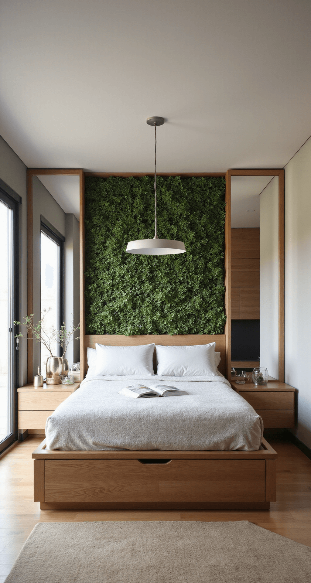 Compact small space bedroom featuring a built-in platform bed with storage drawers, flanking floating nightstands, floor-to-ceiling mirrors, a pendant light from a high ceiling, and a vertical garden wall, all captured to emphasize vertical space usage with bright, even lighting.