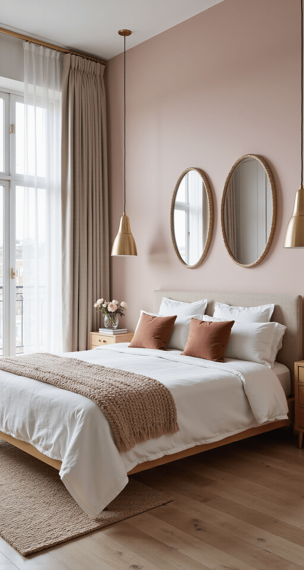 A serene master bedroom featuring blush pink walls, a modern platform bed with ivory linen, and champagne gold accents, illuminated by morning light through large windows, showcasing layered textures and a sophisticated, feminine decor.