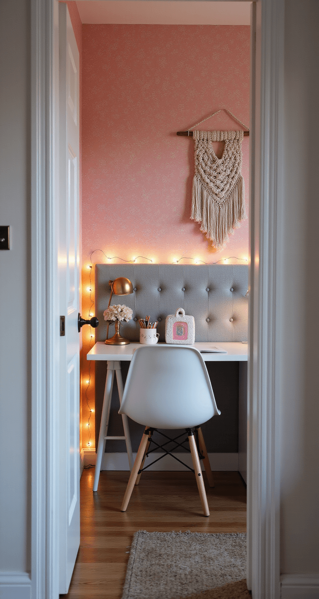 A cozy 12x12ft teen bedroom during golden hour, featuring a geometric pink wallpaper statement wall, grey upholstered headboard, modern desk with a lucite chair, brass task lamp, and a macramé wall hanging. The scene is shot from the doorway, showcasing depth, with fairy lights adding a magical ambiance. Urban contemporary style with playful pink accents.