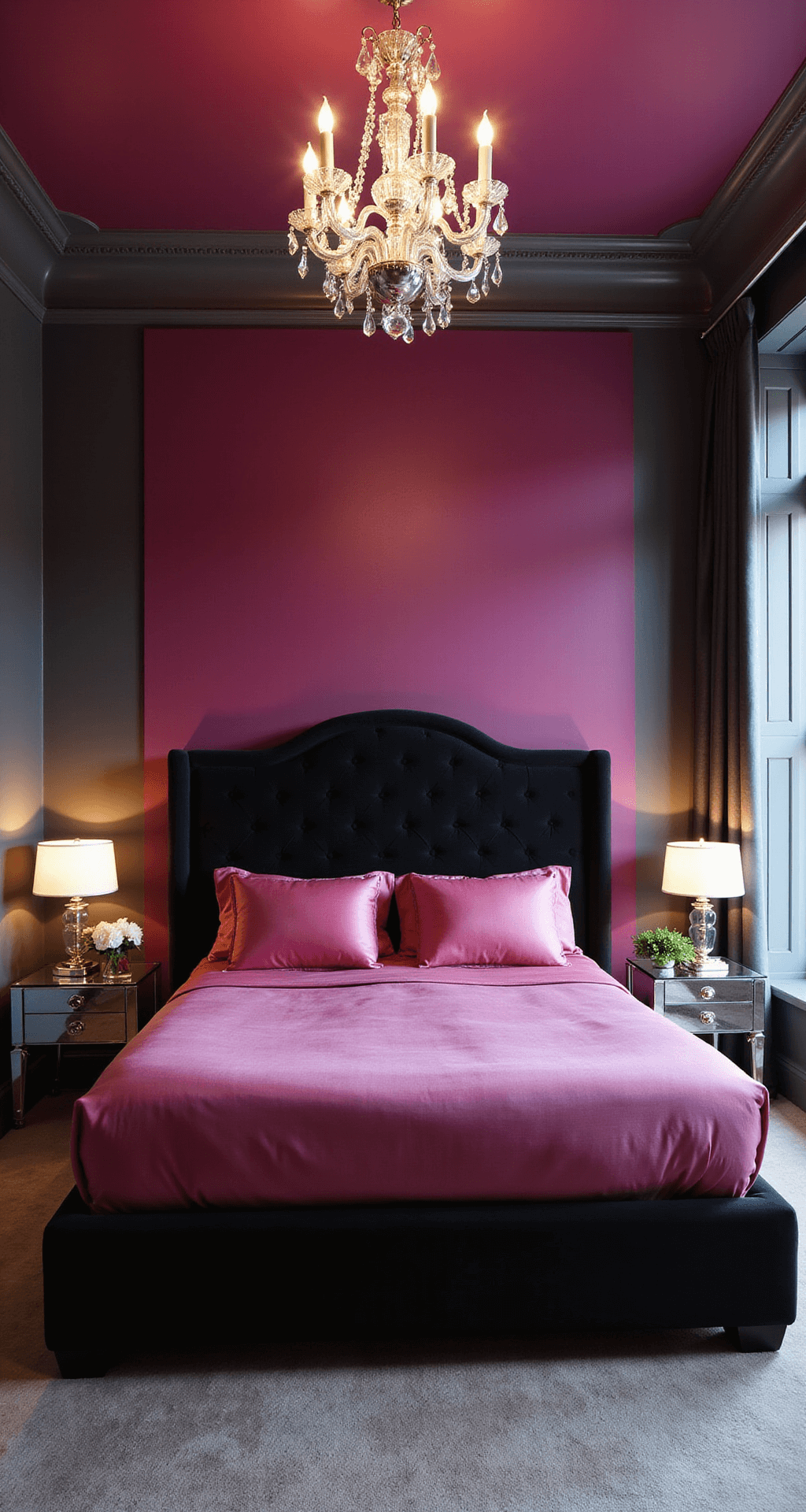 A luxurious primary bedroom at dusk featuring a deep magenta accent wall and charcoal grey secondary walls, with a king-sized bed dressed in pink silk bedding and a black velvet headboard, complemented by mirrored nightstands and a crystal chandelier.
