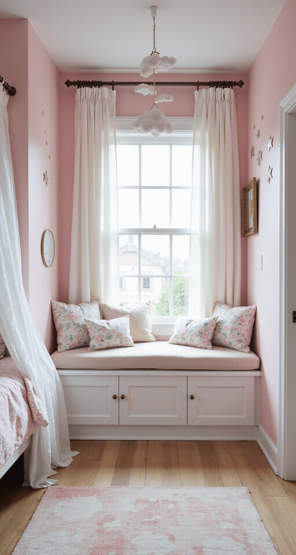 A light-filled child's bedroom features soft ballet pink walls with white trim, a custom built-in window seat adorned with floral cushions, and a canopy bed with sheer white curtains. Whimsical cloud pendants hang from the ceiling, while star wall decals add a playful touch. The straight-on angle highlights the room's symmetry and fairy-tale charm.
