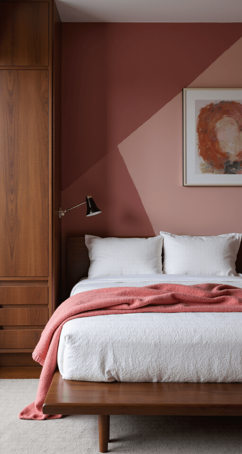 Contemporary guest bedroom featuring dusty rose color-blocked walls, mid-century modern walnut furniture, and abstract coral and copper art, styled with textured white bedding and a pink ombré throw, captured at blue hour from a corner angle.