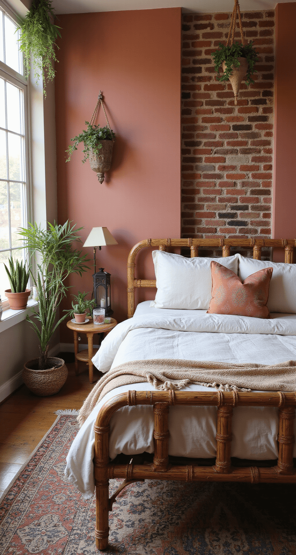 A Bohemian-style bedroom featuring terracotta pink walls and an exposed brick accent wall, with a rattan bed frame adorned in vintage-wash linens, hanging plants, Moroccan lanterns, and layered earth-toned rugs, captured from a low angle in warm late afternoon light.