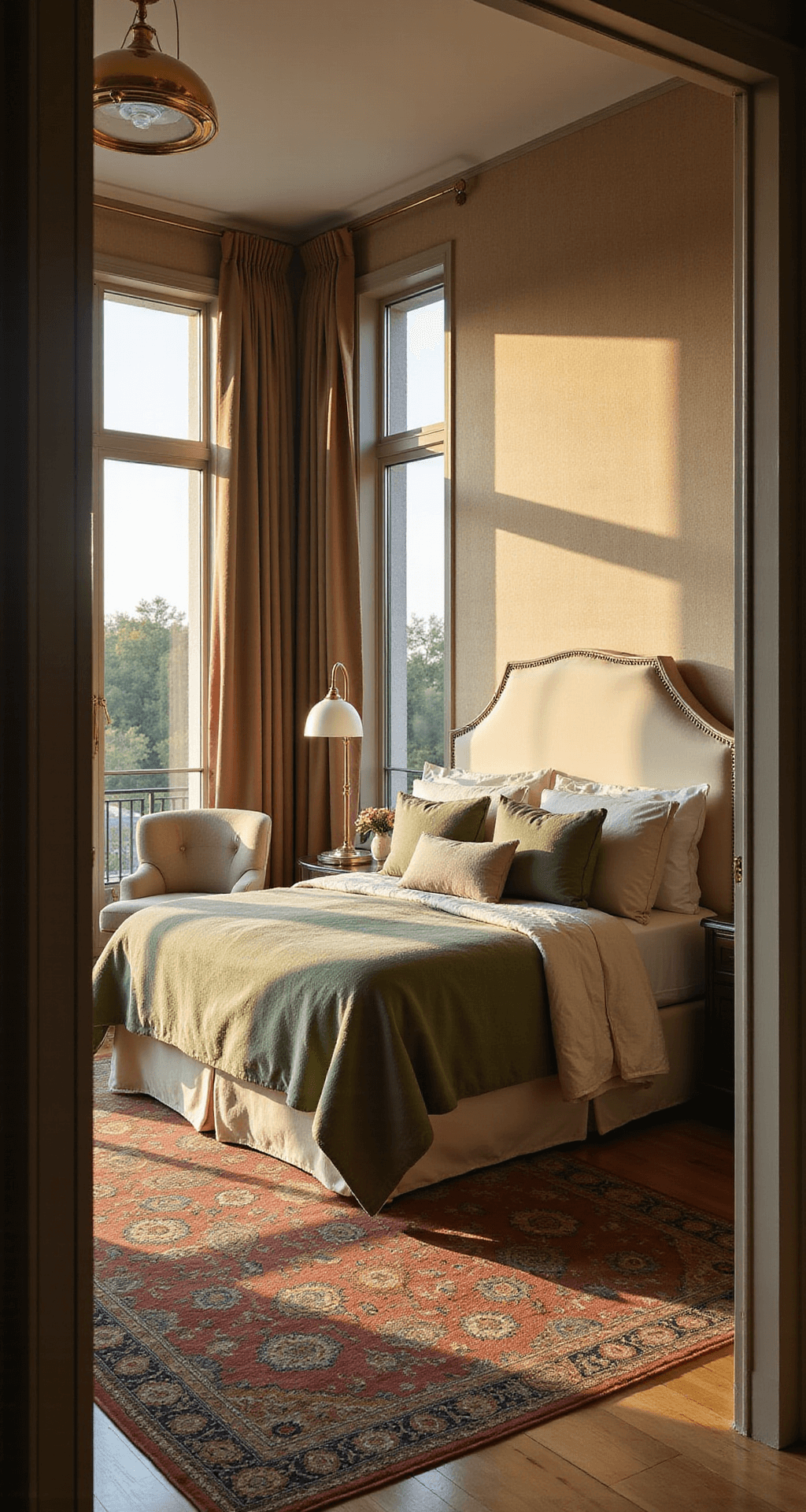 Master bedroom featuring a queen bed with a cream upholstered headboard and layered bedding in sage green and ivory, illuminated by golden afternoon light streaming through floor-to-ceiling windows. A vintage Persian rug anchors the space, complemented by a brass floor lamp and soft shadows on textured wallpaper, captured from the doorway corner.