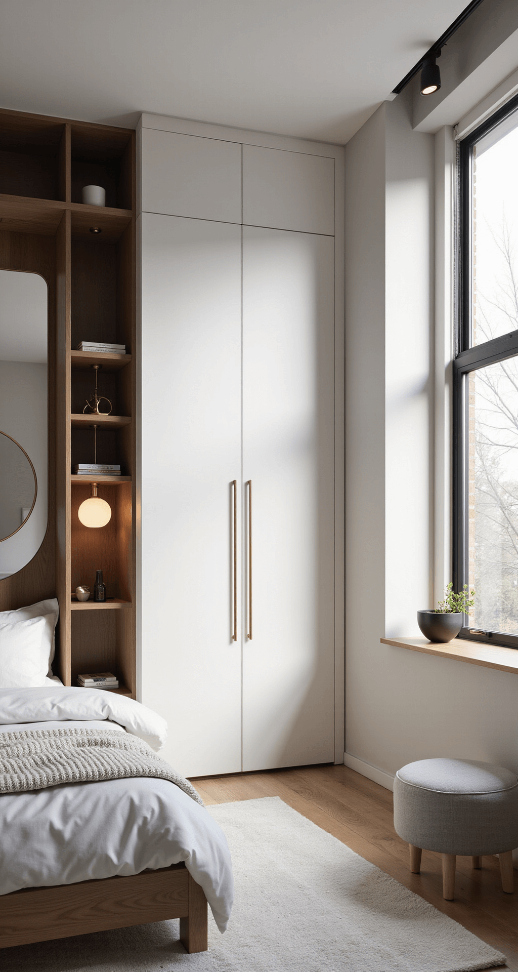 A compact urban bedroom measuring 10'x12' illuminated by morning light, featuring a pearl white Murphy bed with integrated shelving, floating walnut nightstands, an oversized round mirror, minimalist pendant lights with brass accents, and a focus on geometric lines and reflective surfaces.