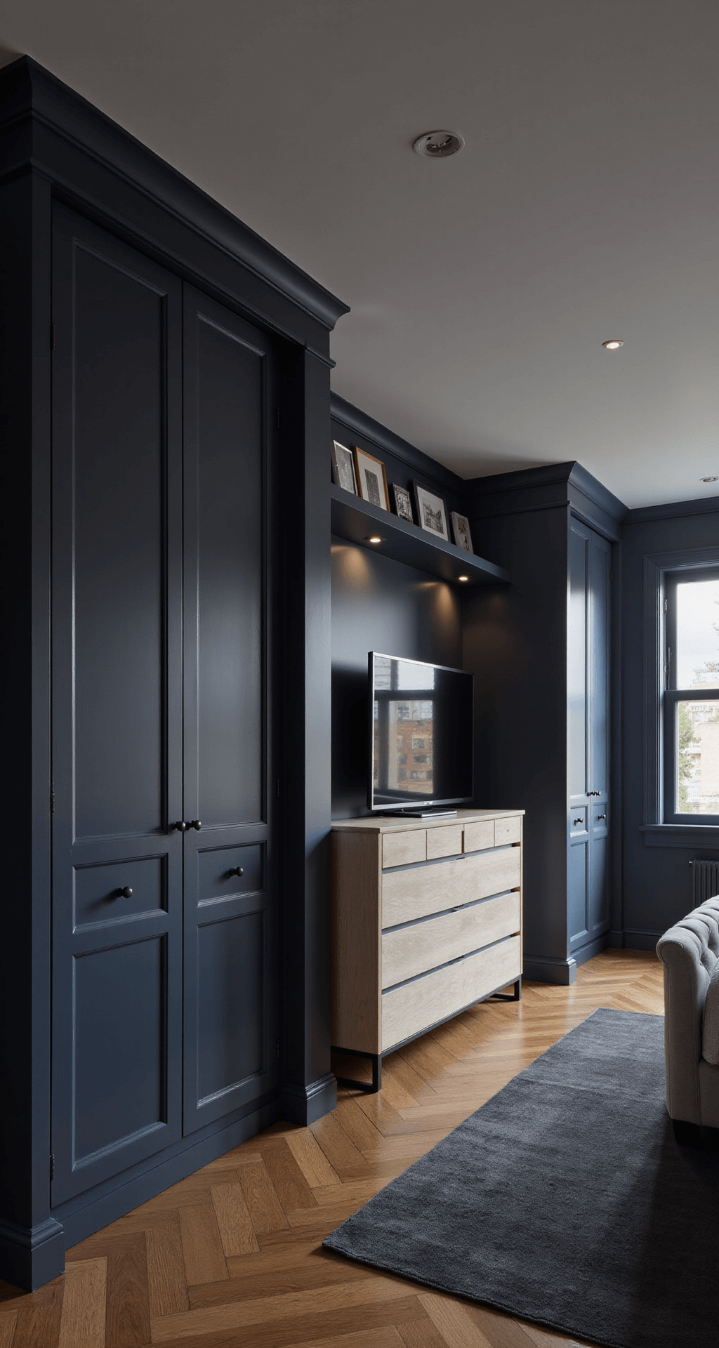 A sophisticated bedroom featuring deep navy built-in wardrobes, a channel-tufted grey velvet bed, and a custom bleached oak dresser/TV console. Ambient LED lighting enhances the moody evening atmosphere, while herringbone hardwood floors and a charcoal area rug add texture. The straight-on perspective highlights the room's symmetry and organization, with dramatic shadows created by accent lighting.