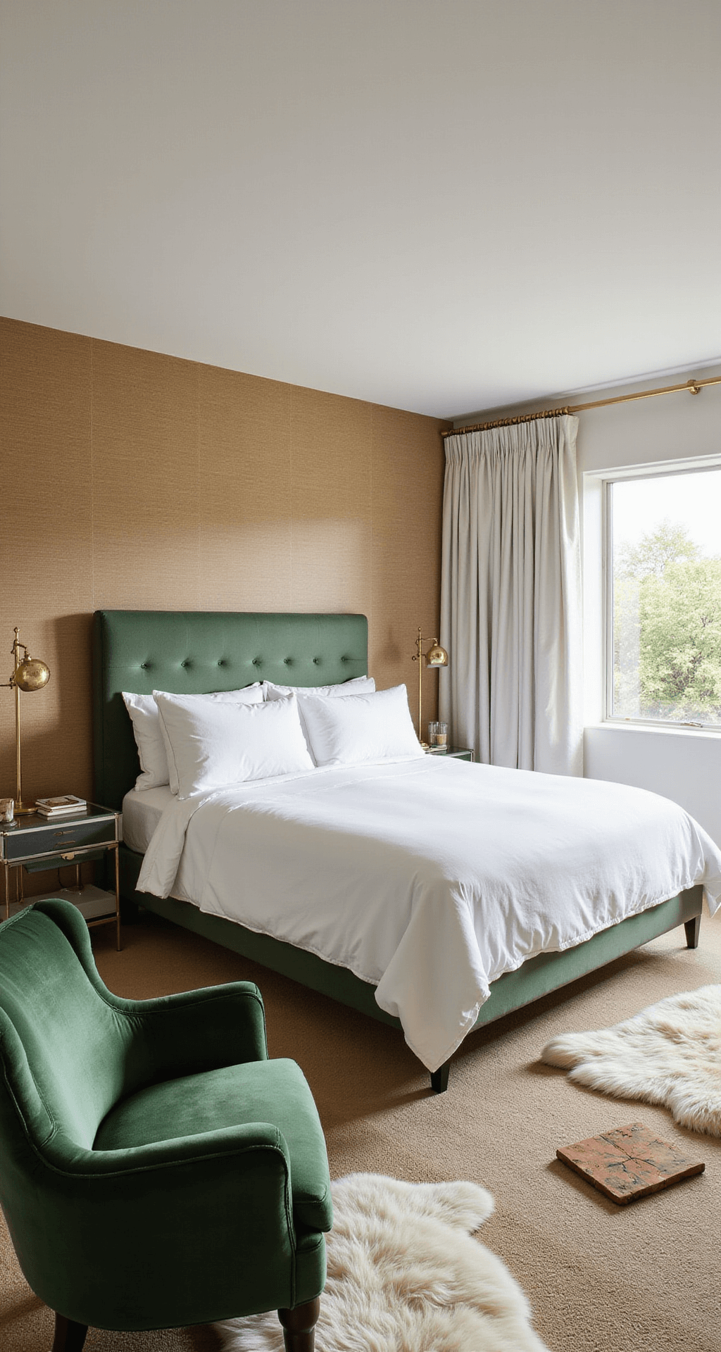 Spacious main bedroom featuring a California king bed on a grasscloth wallpaper accent wall, a cozy reading nook with an emerald velvet armchair, brass floor lamp, and sheepskin rug, alongside a tranquil meditation area with low cushions and a bamboo screen, all bathed in bright, even midday light.