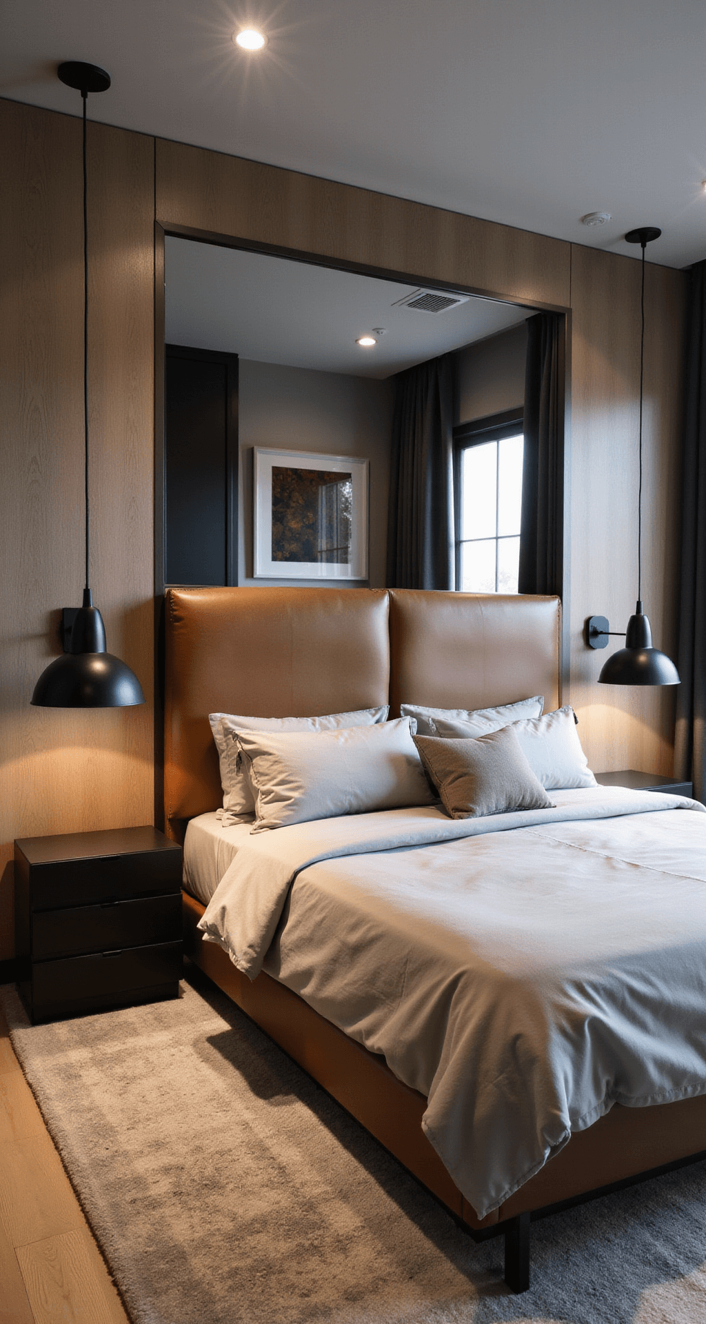 A contemporary shared bedroom featuring two twin beds with a custom cognac leather double headboard, symmetrical matte black nightstands, a geometric room divider, and modern smoked glass pendant lights, captured from a corner perspective to emphasize the clever division of space and even artificial lighting.