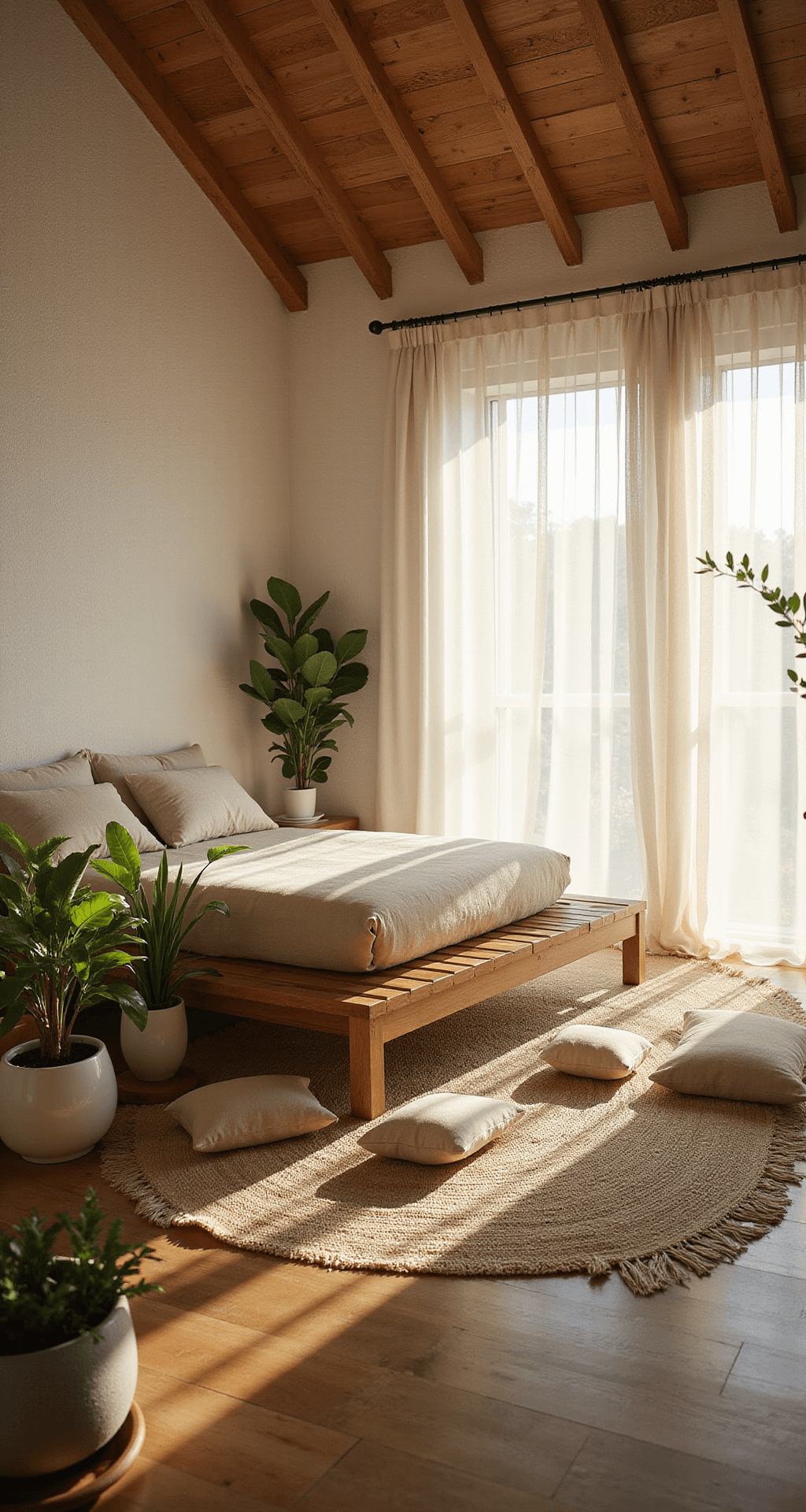 A serene bedroom sanctuary at sunrise featuring a natural oak platform bed, textured white walls with a grass cloth accent, meditation cushions, and potted plants, all bathed in soft, diffused morning light filtered through sheer linen curtains.
