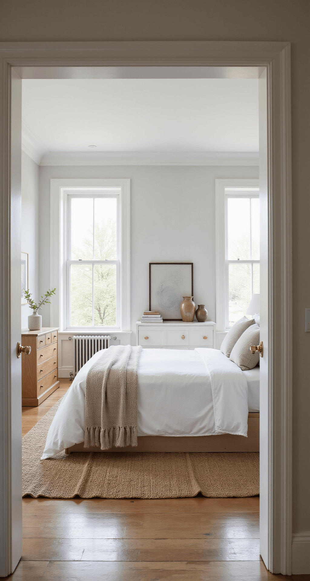 A serene 14x16ft bedroom filled with morning light, featuring floor-to-ceiling windows, Sherwin-Williams' Neutral Ground walls, a king-sized bed with white linens, a natural jute rug, white oak furniture, and brass accents, complemented by sculptural ceramic vases and minimal artwork, all captured from a door frame height at 35mm.