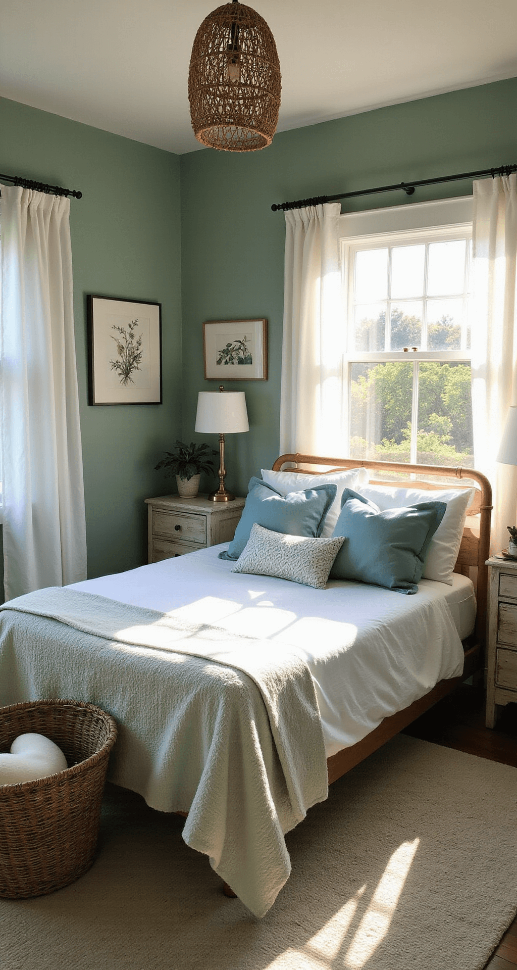Coastal-inspired bedroom featuring Willowleaf green walls, a queen bed with white and sea-glass blue linens, gauzy curtains, and a rattan pendant light, all illuminated by golden hour light.