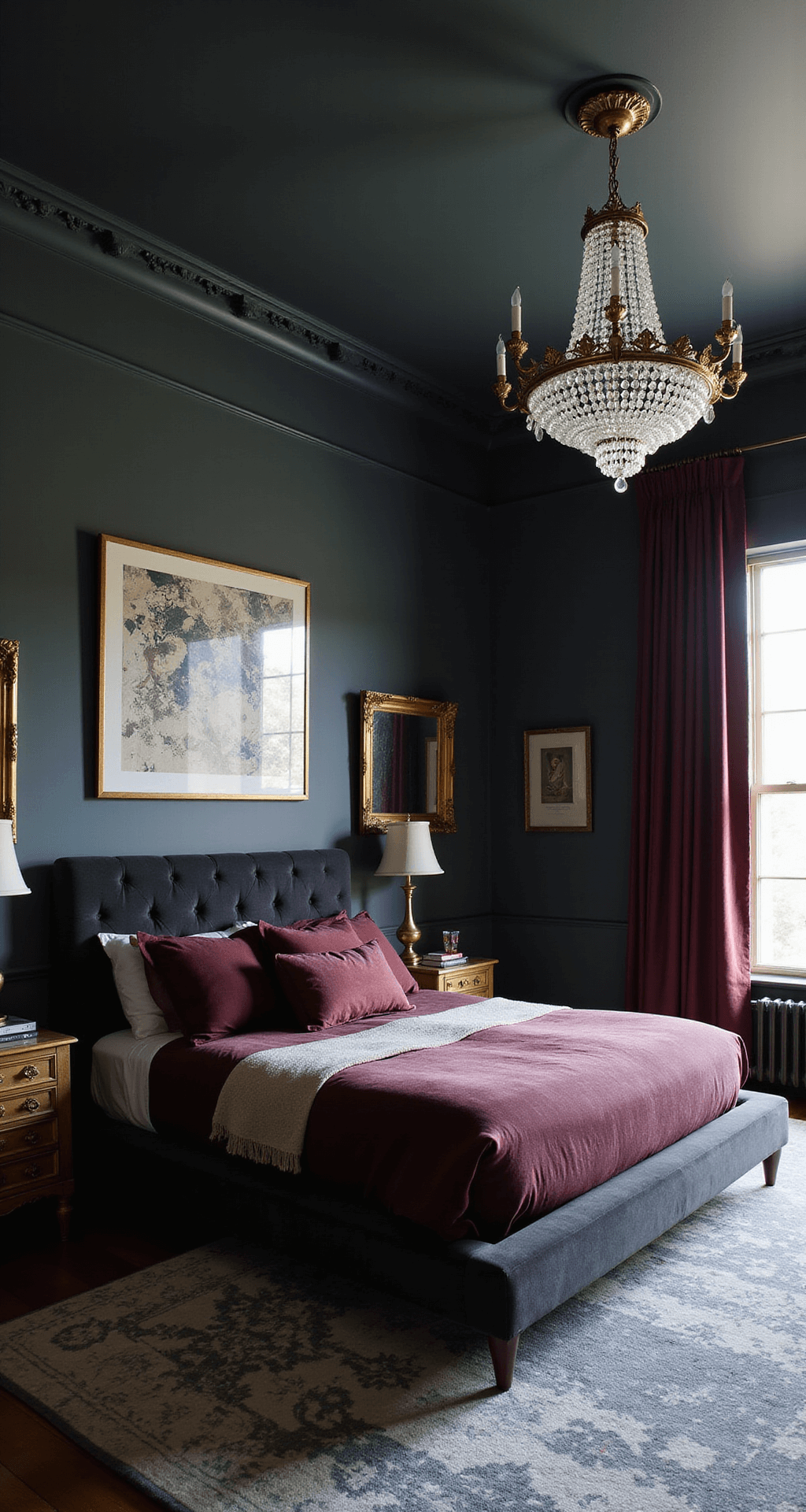 A luxurious primary bedroom at dusk features deep gray walls, a platform bed with a velvet headboard and vibrant bedding, accented by a crystal chandelier and gilded mirrors, with modern artwork providing contrast, all bathed in warm, intimate lighting.