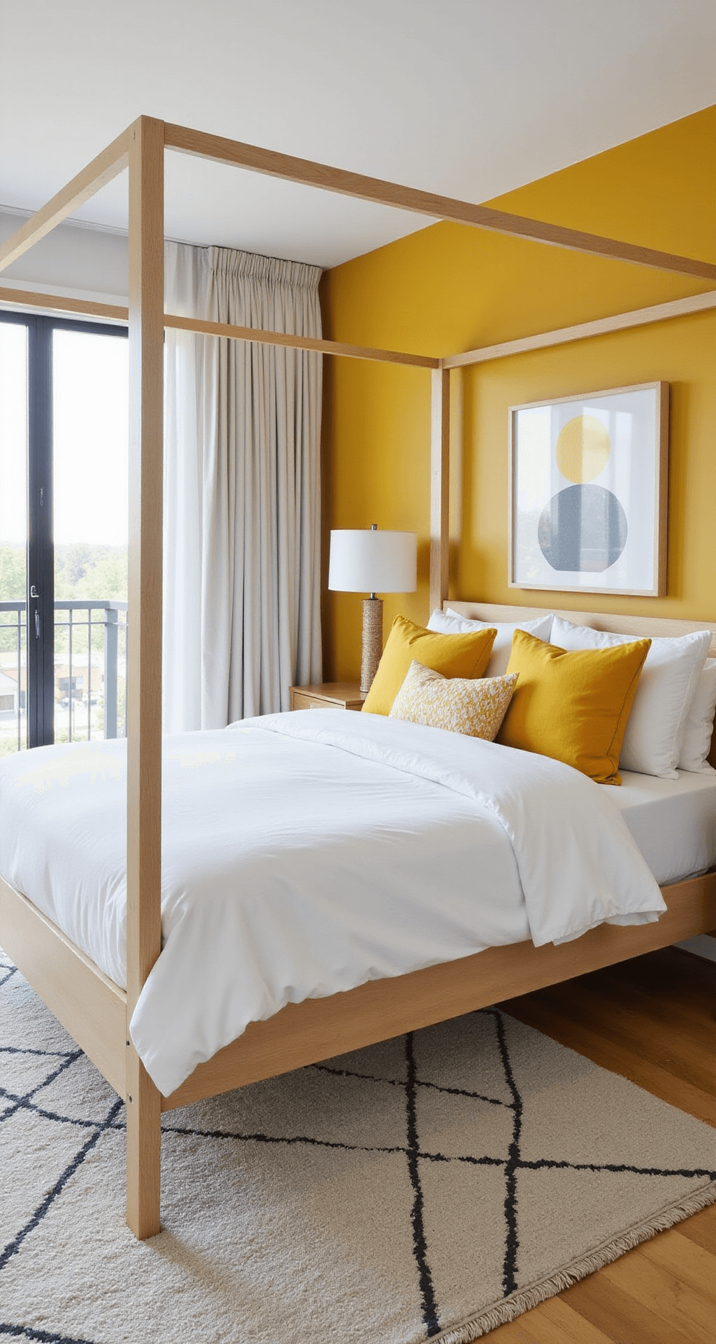 A bright and cheerful 15x15ft bedroom featuring a butter yellow accent wall, a contemporary canopy bed with white linens and yellow pillows, minimalist light wood furniture, a geometric rug, and abstract art, all bathed in natural light.