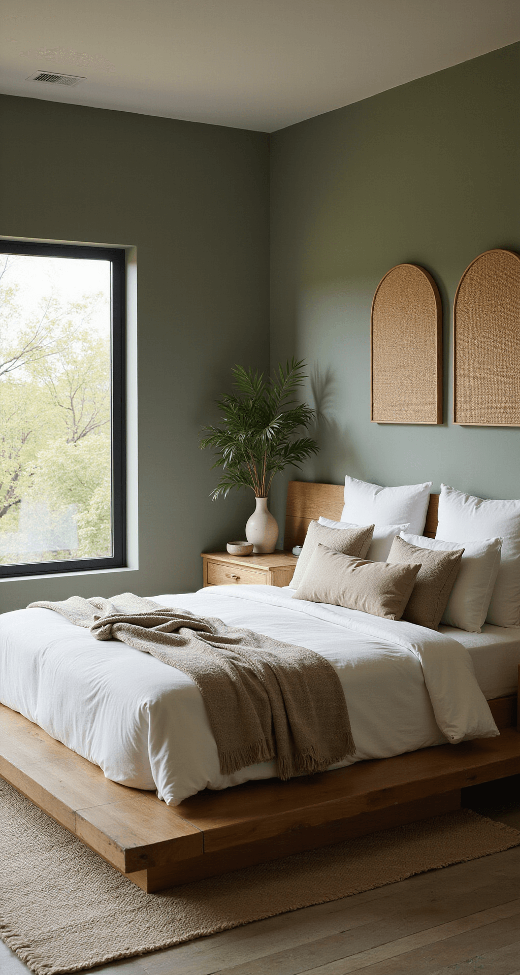 A serene zen-inspired bedroom featuring soft sage green walls, a low-profile platform bed with organic cotton bedding, and meditation cushions. Bamboo screens and natural fiber textiles enhance the minimalist décor, while stone vessels and air plants introduce natural elements. The symmetrical composition is bathed in soft, filtered morning light, creating a tranquil atmosphere.