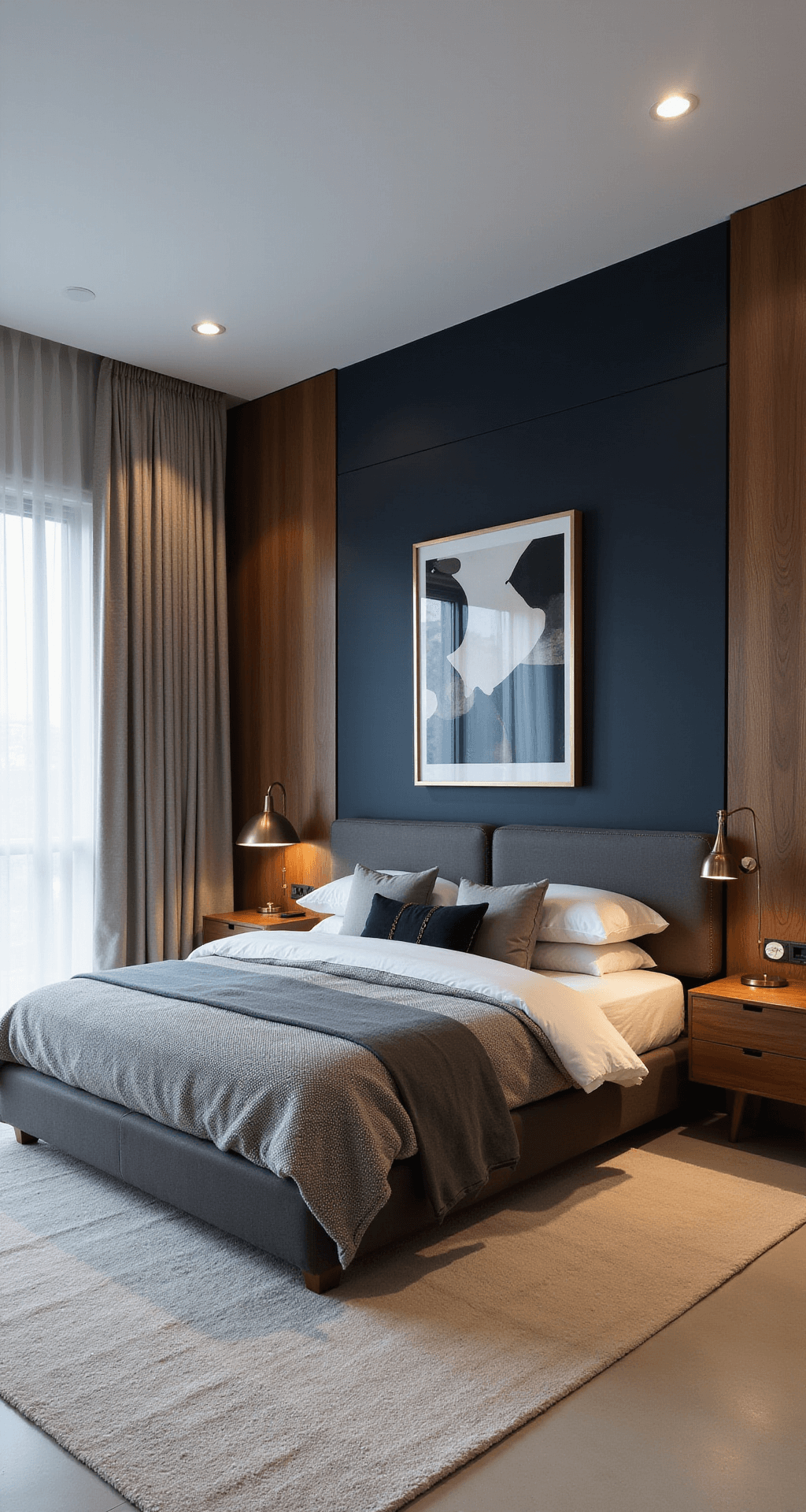 A modern bedroom featuring a deep navy accent wall, warm walnut furniture, layered gray and white bedding with brass accents, oversized abstract art, and sculptural lighting, captured from an elevated angle to emphasize spatial design and architectural details.